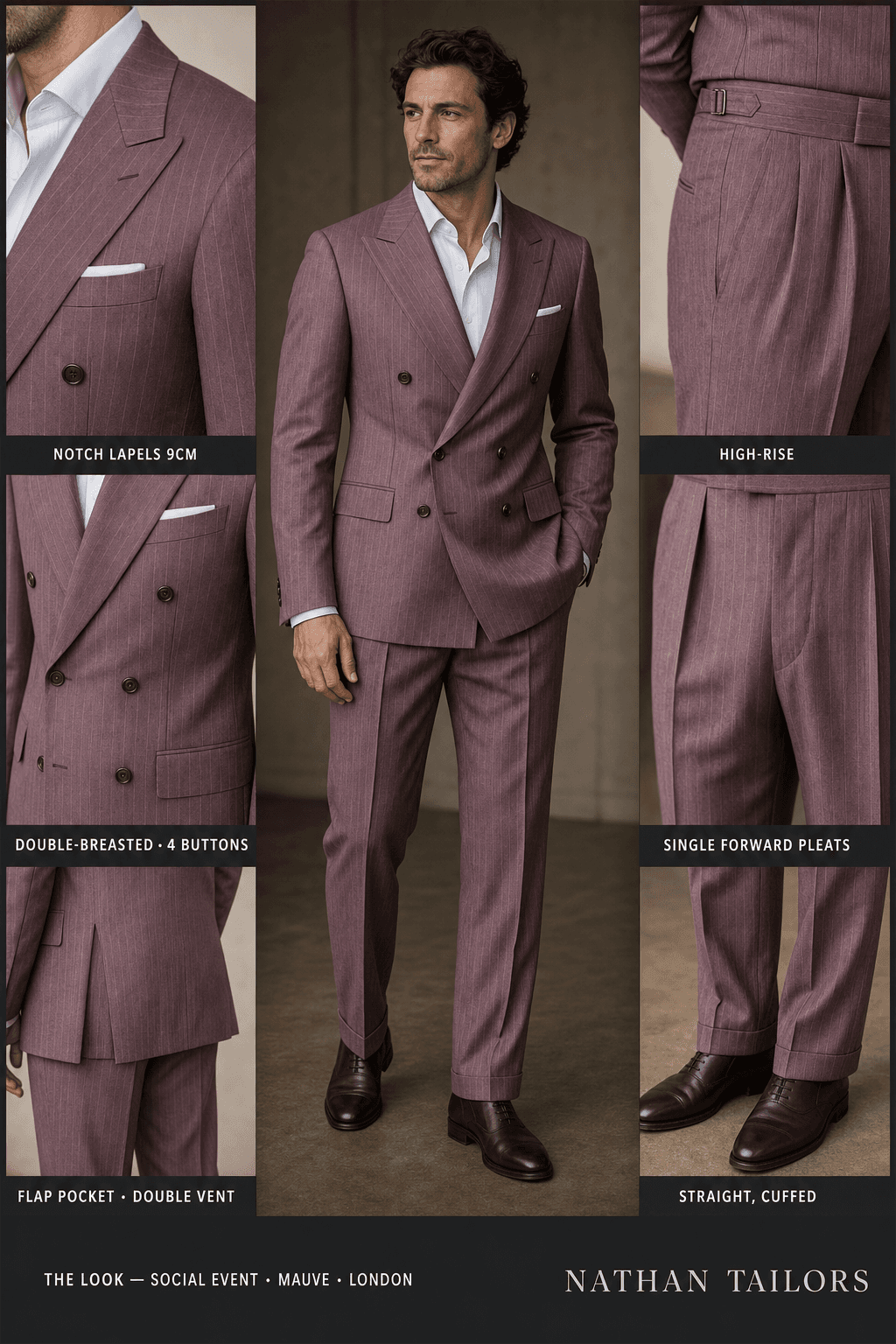 mauve pinstripe double-breasted bespoke suit — custom tailored by Nathan Tailors, the Hoi An custom tailor