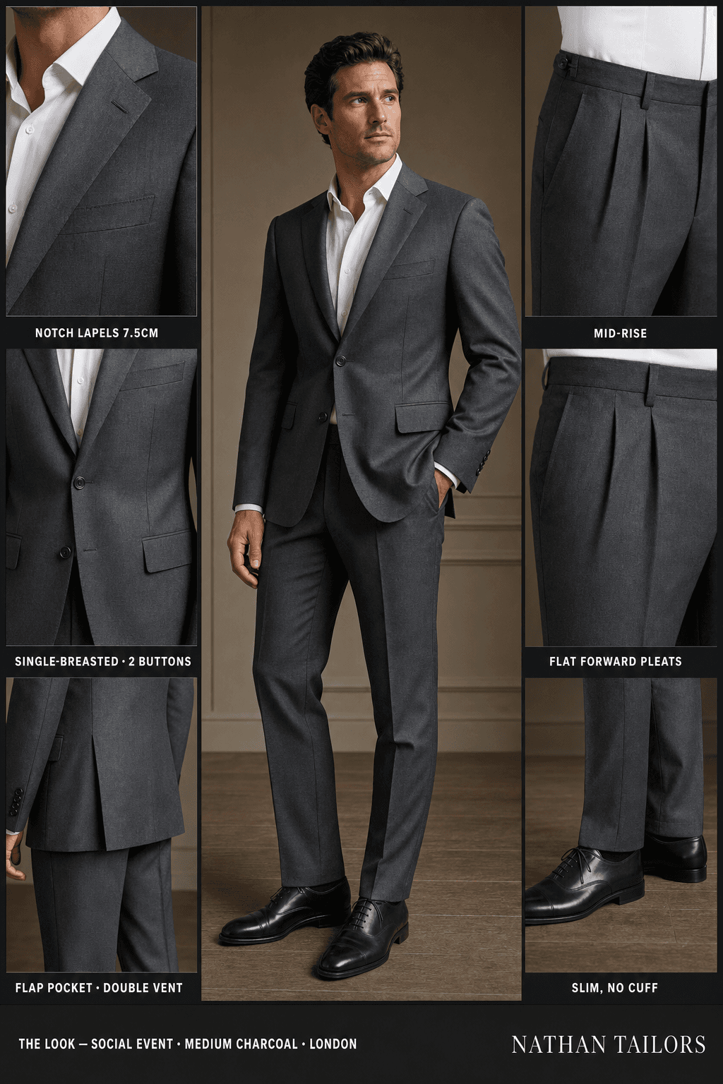 Medium Charcoal single-breasted notch-lapel bespoke suit — AI-rendered by Nathan Tailors, the Hoi An custom tailor. Available as a custom tailored suit from $129.
