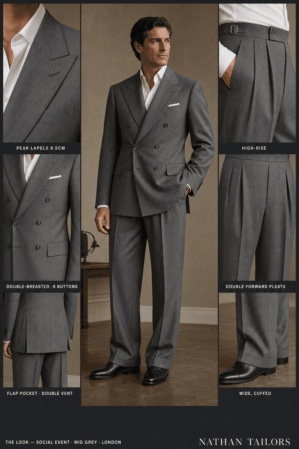 mid grey double-breasted bespoke suit — custom tailored by Nathan Tailors, the Hoi An custom tailor
