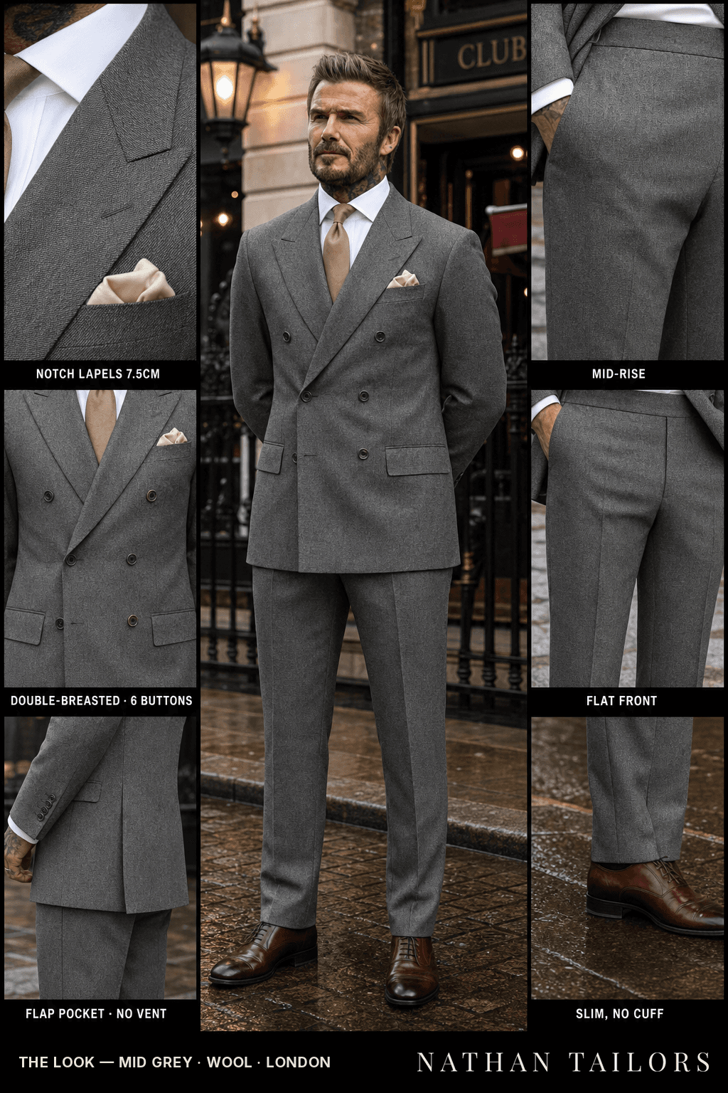 mid grey herringbone double-breasted bespoke suit — custom tailored by Nathan Tailors, the Hoi An custom tailor