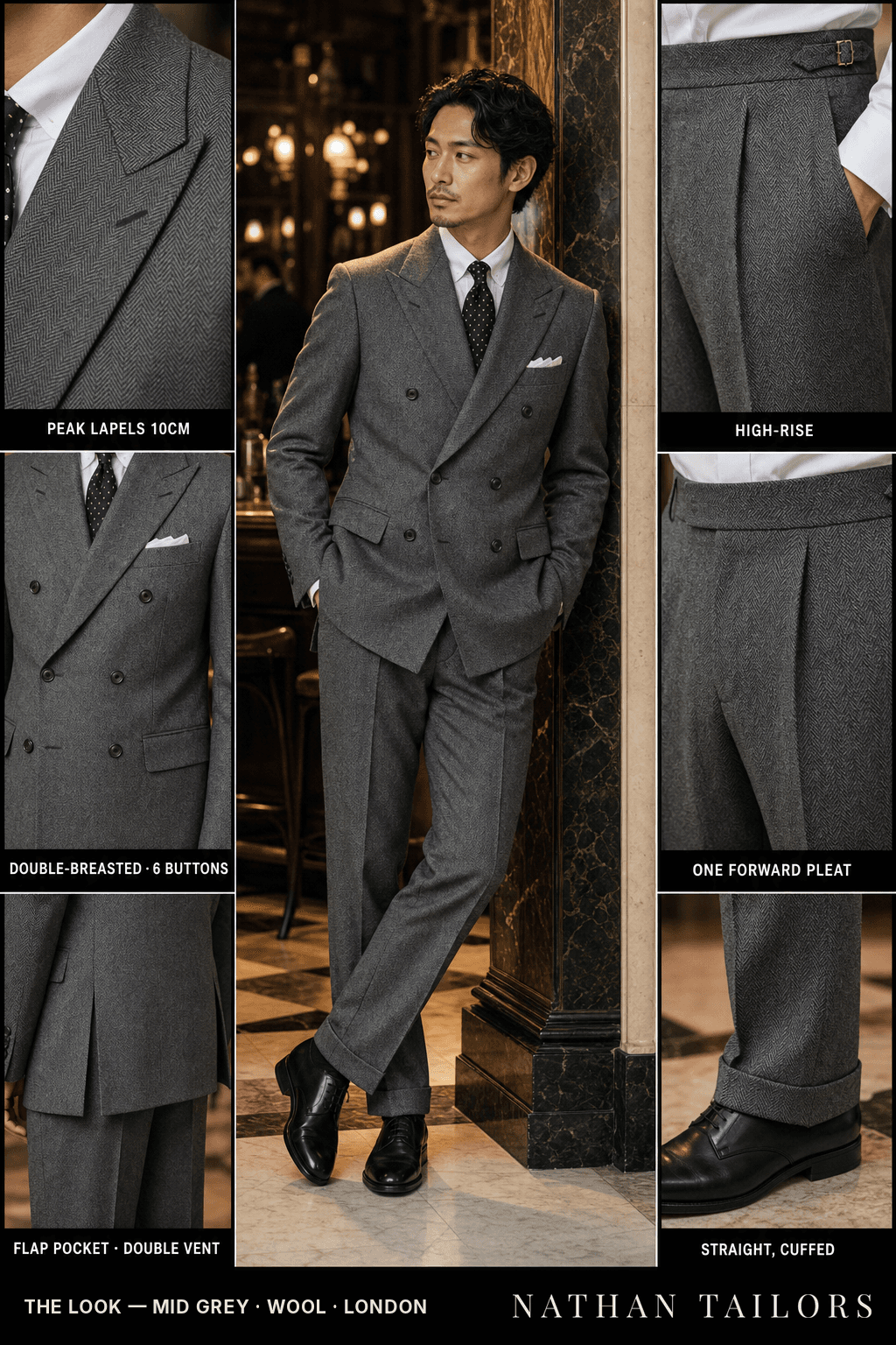 mid grey herringbone double-breasted peak-lapel bespoke suit — AI-rendered by Nathan Tailors, the Hoi An custom tailor. Available as a custom tailored suit from $149.