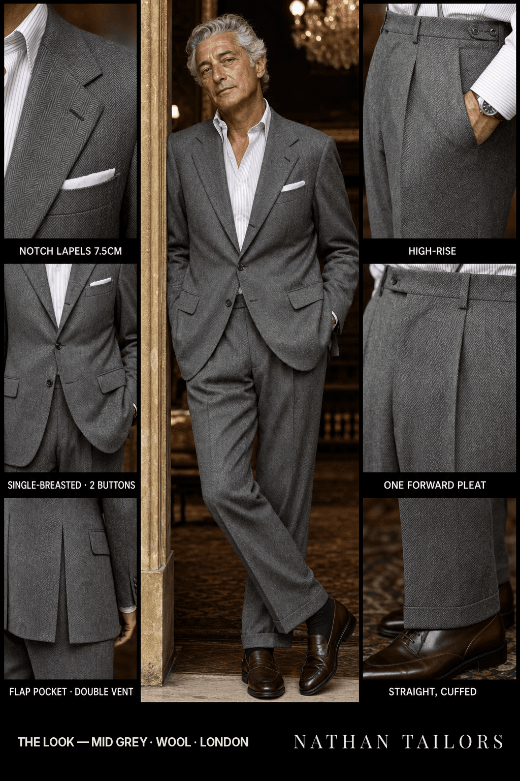 mid grey herringbone single-breasted notch-lapel bespoke suit — AI-rendered by Nathan Tailors, the Hoi An custom tailor. Available as a custom tailored suit from $149.