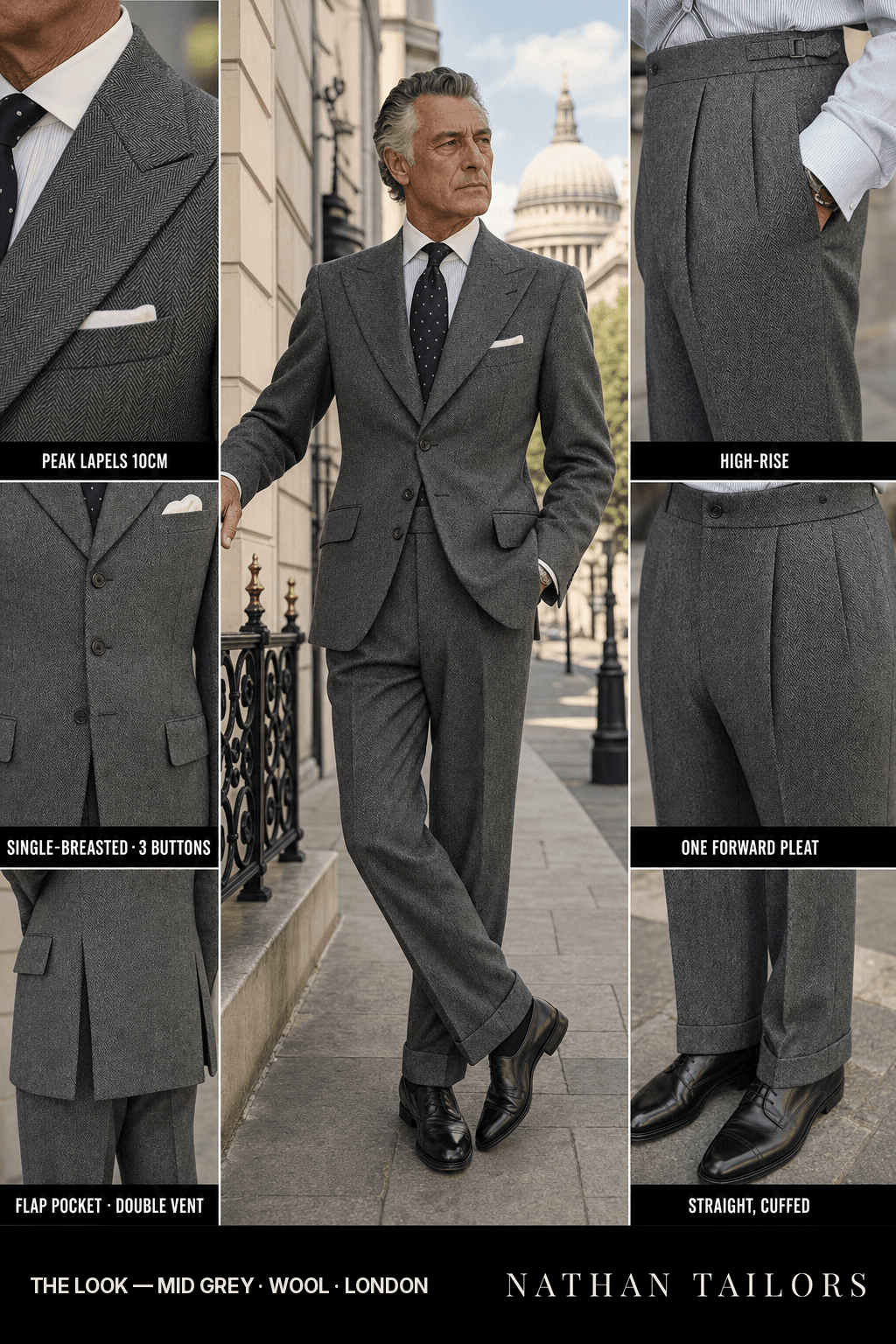 mid grey herringbone single-breasted peak-lapel bespoke suit — AI-rendered by Nathan Tailors, the Hoi An custom tailor. Available as a custom tailored suit from $149.