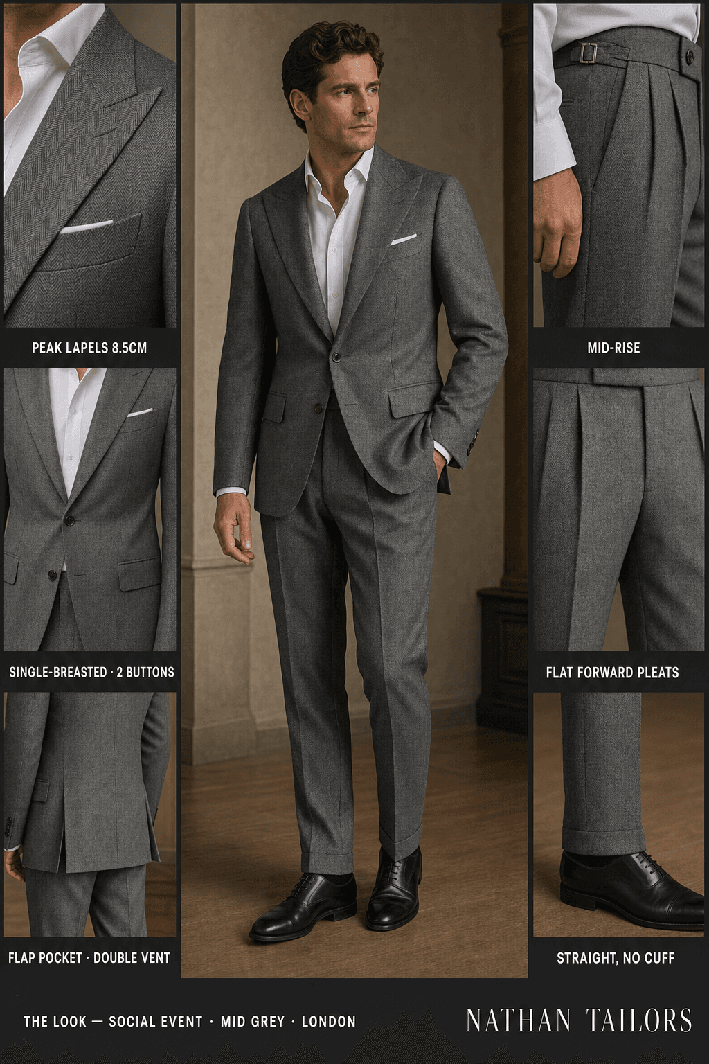 mid grey herringbone single-breasted bespoke suit — custom tailored by Nathan Tailors, the Hoi An custom tailor