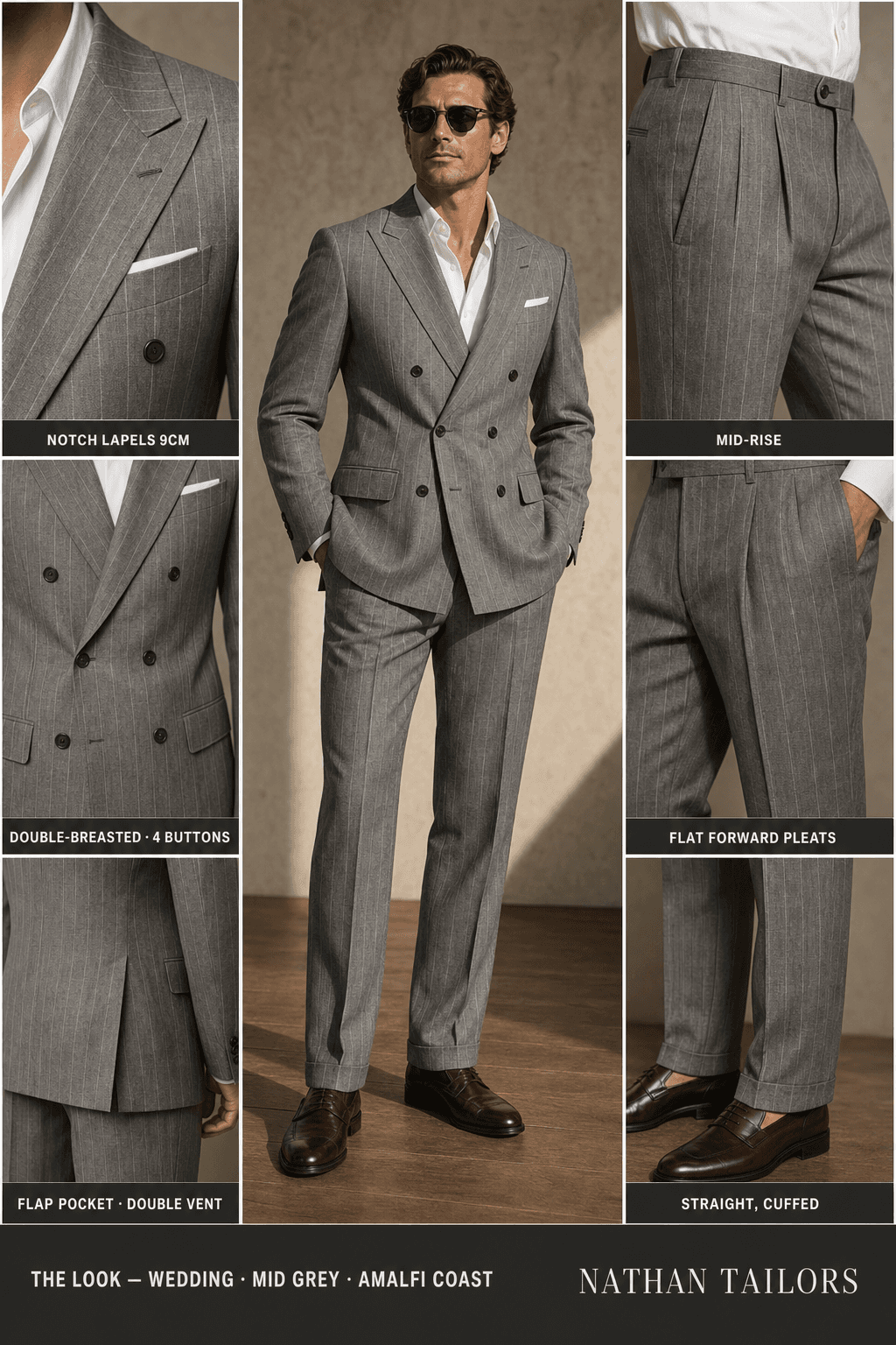 mid grey pinstripe double-breasted bespoke suit — custom tailored by Nathan Tailors, the Hoi An custom tailor