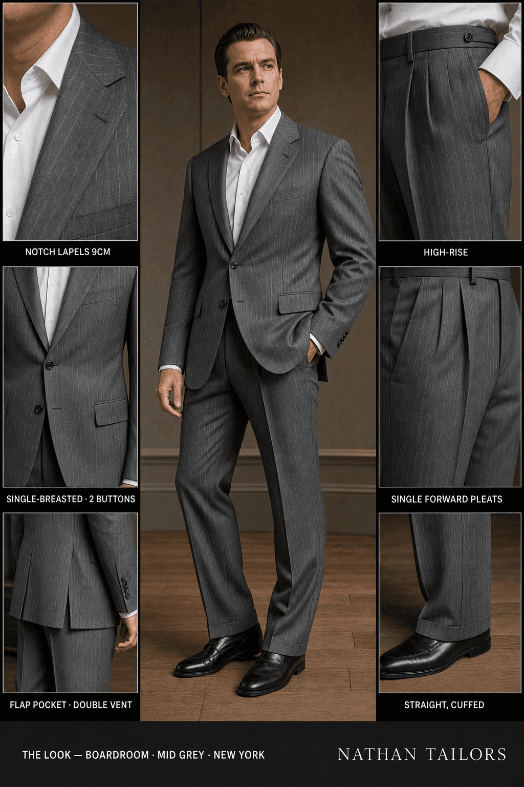 mid grey pinstripe single-breasted notch-lapel bespoke suit — AI-rendered by Nathan Tailors, the Hoi An custom tailor. Available as a custom tailored suit from $129.