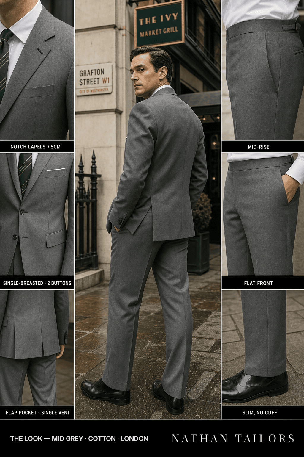 mid grey single-breasted bespoke suit — custom tailored by Nathan Tailors, the Hoi An custom tailor