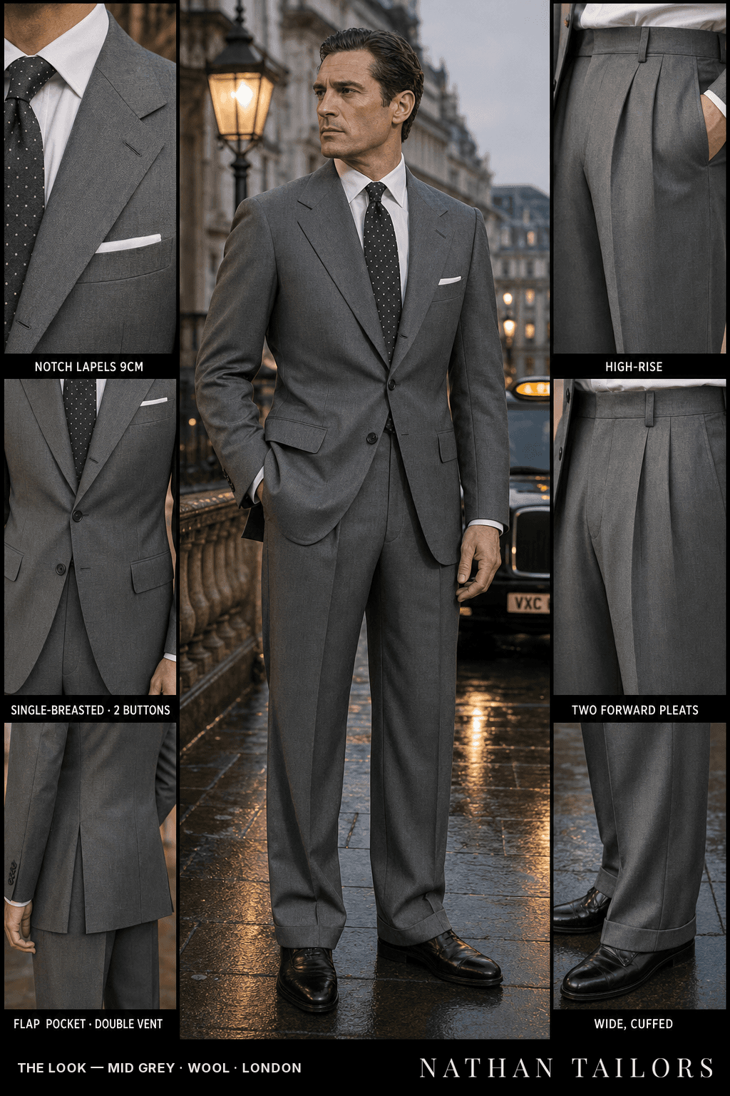 mid grey single-breasted notch-lapel bespoke suit — AI-rendered by Nathan Tailors, the Hoi An custom tailor. Available as a custom tailored suit from $149.