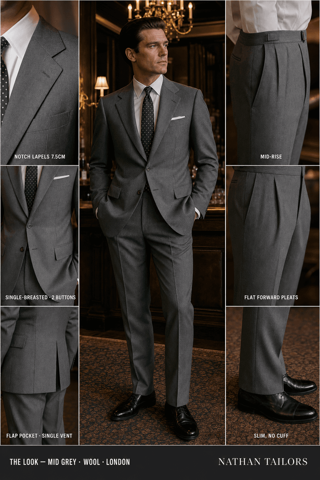 mid grey single-breasted bespoke suit — custom tailored by Nathan Tailors, the Hoi An custom tailor