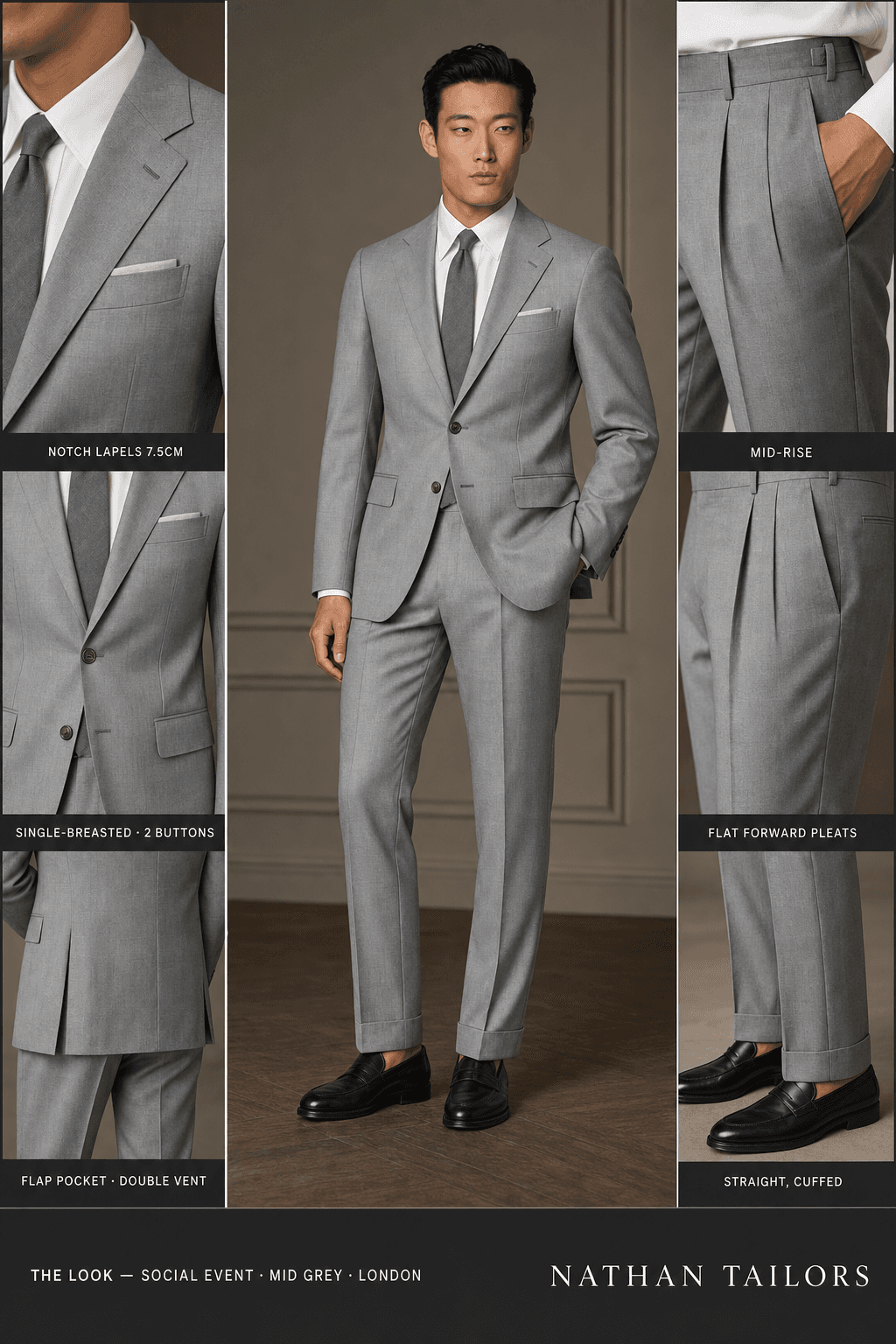 mid grey single-breasted notch-lapel bespoke suit — AI-rendered by Nathan Tailors, the Hoi An custom tailor. Available as a custom tailored suit from $129.