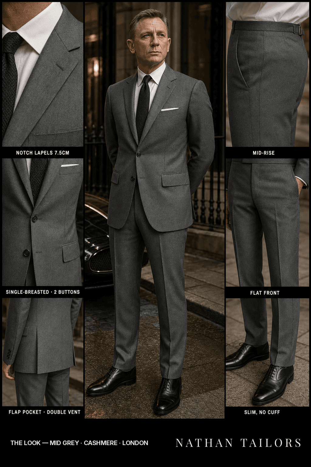 mid grey single-breasted notch-lapel bespoke suit — AI-rendered by Nathan Tailors, the Hoi An custom tailor. Available as a custom tailored suit from $149.
