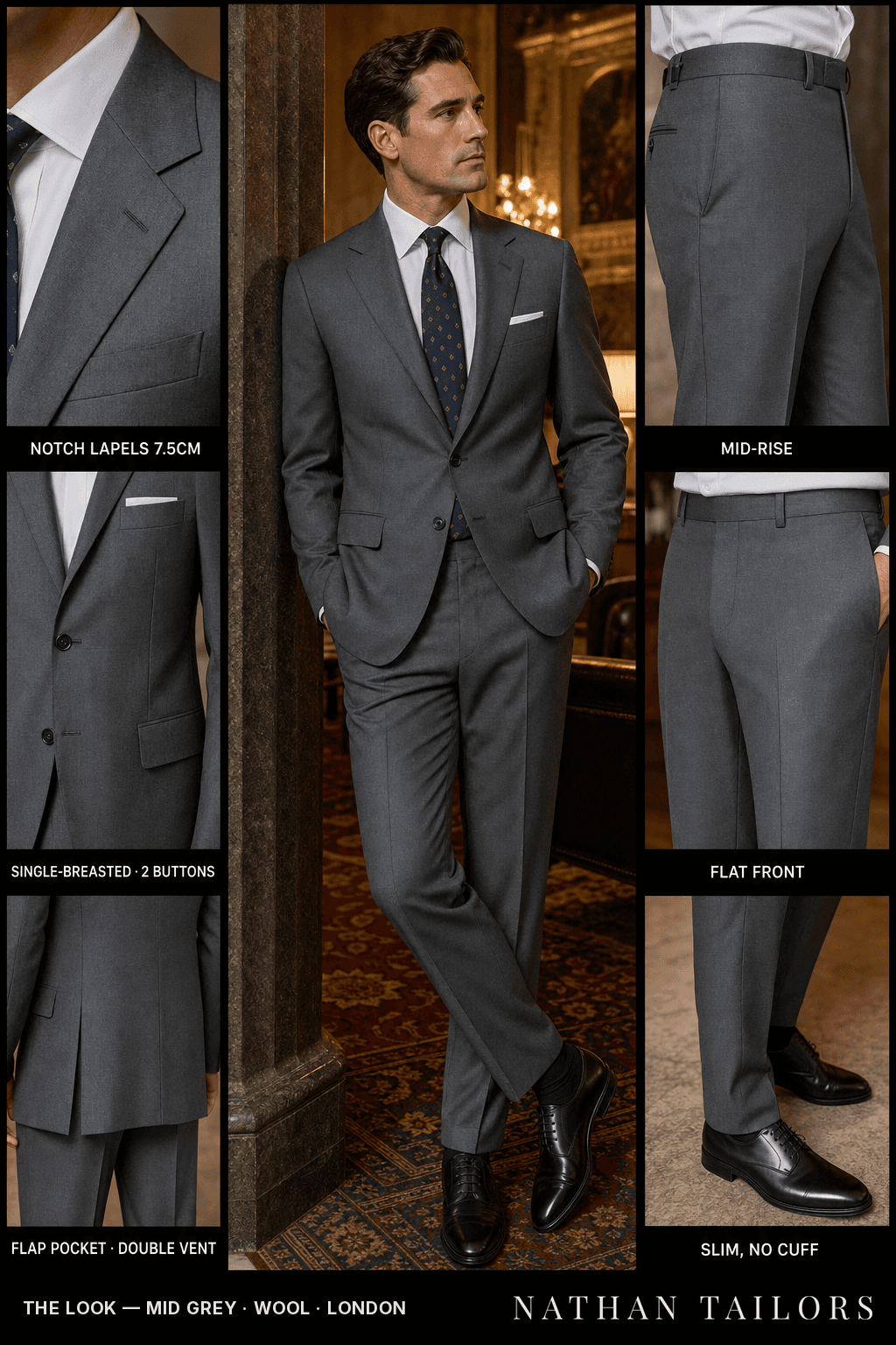 mid grey single-breasted bespoke suit — custom tailored by Nathan Tailors, the Hoi An custom tailor