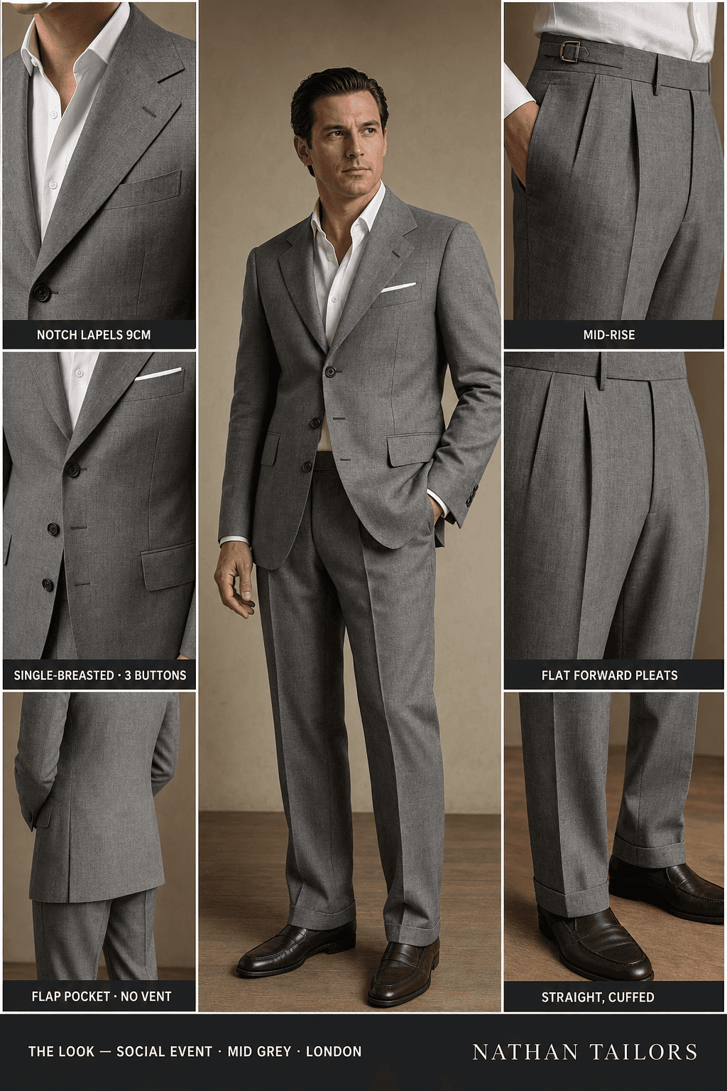mid grey single-breasted notch-lapel bespoke suit — AI-rendered by Nathan Tailors, the Hoi An custom tailor. Available as a custom tailored suit from $129.