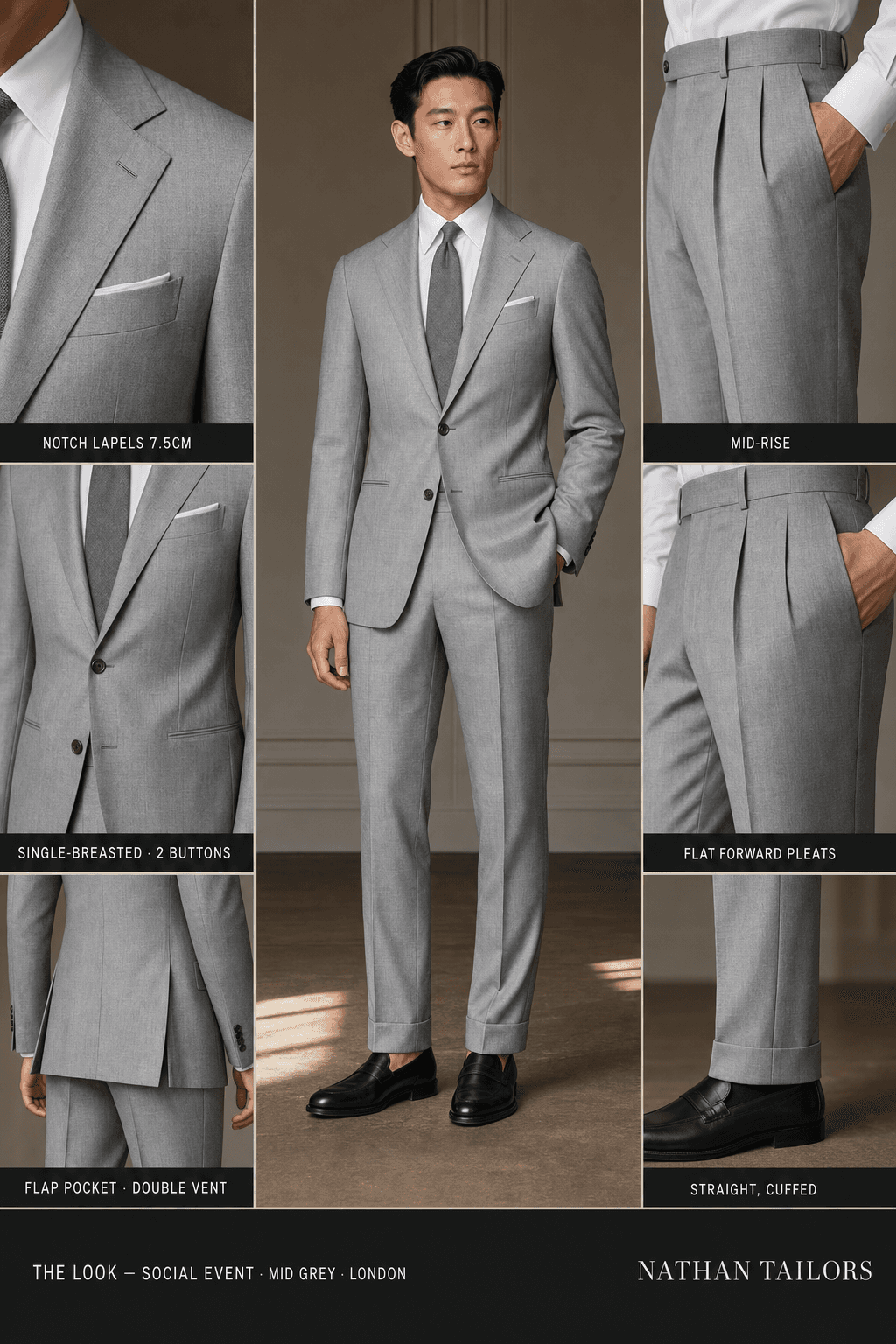mid grey single-breasted bespoke suit — custom tailored by Nathan Tailors, the Hoi An custom tailor