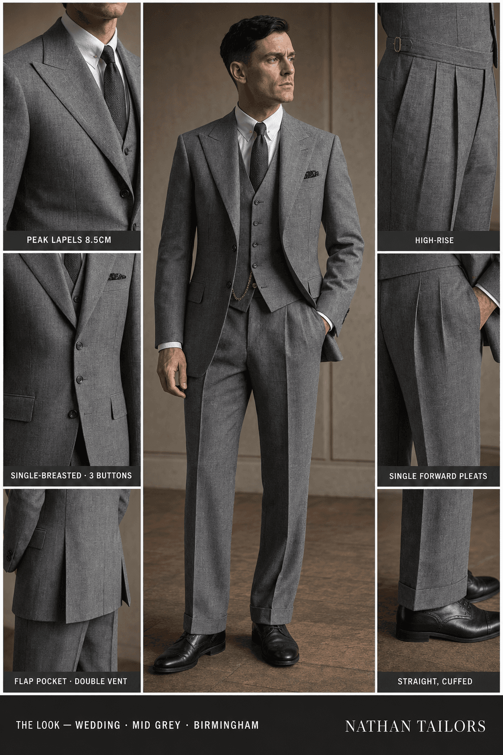 mid grey single-breasted peak-lapel bespoke suit — AI-rendered by Nathan Tailors, the Hoi An custom tailor. Available as a custom tailored suit from $129.