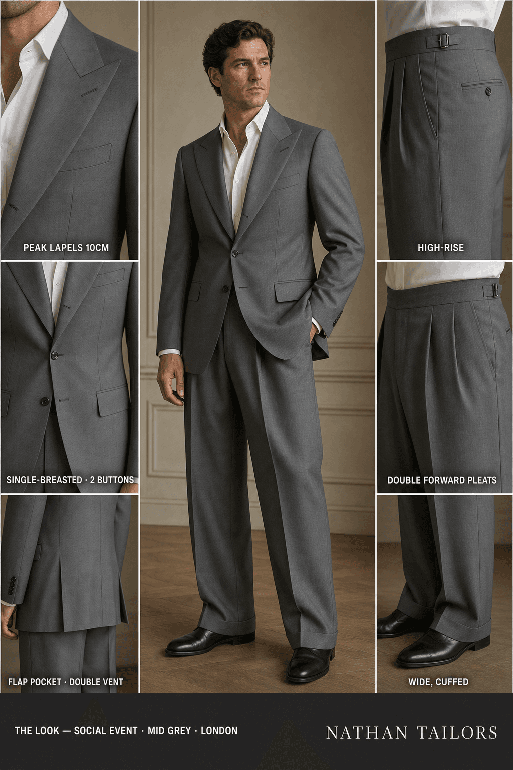 mid grey single-breasted peak-lapel bespoke suit — AI-rendered by Nathan Tailors, the Hoi An custom tailor. Available as a custom tailored suit from $129.