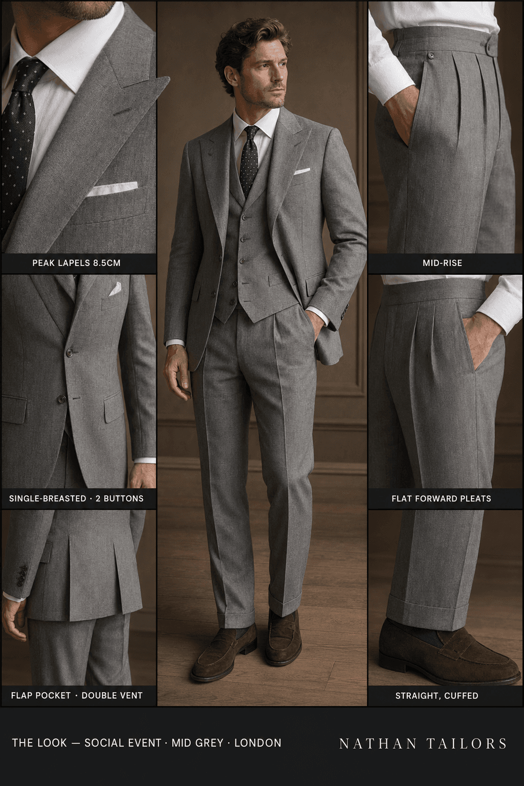 mid grey single-breasted bespoke suit — custom tailored by Nathan Tailors, the Hoi An custom tailor
