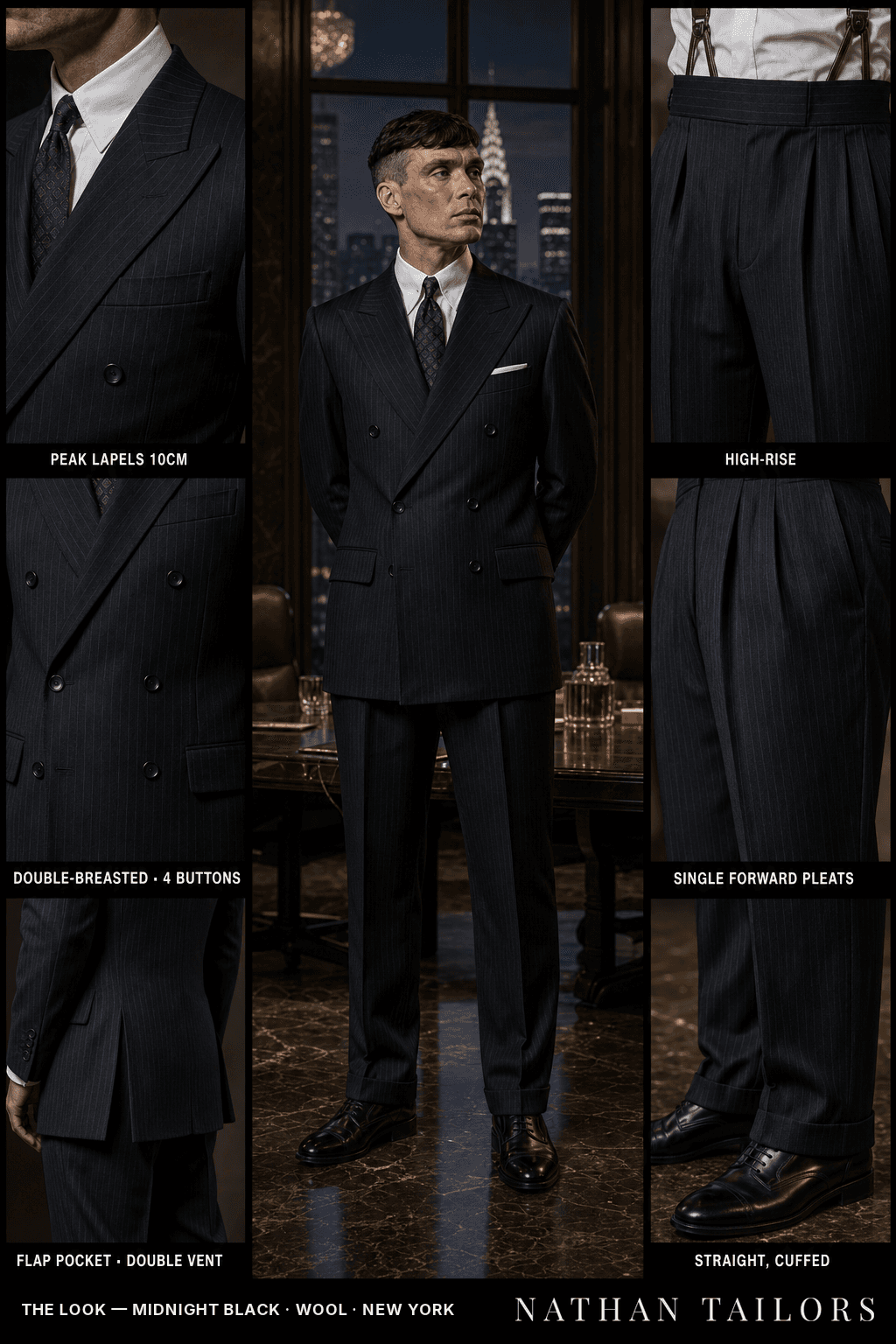 Midnight black pinstripe double-breasted peak-lapel bespoke suit — AI-rendered by Nathan Tailors, the Hoi An custom tailor. Available as a custom tailored suit from $149.