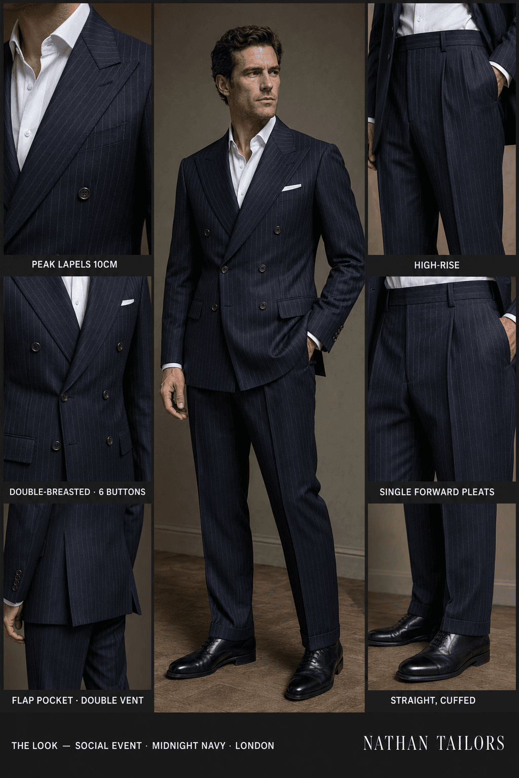 midnight navy chalk stripe double-breasted peak-lapel bespoke suit — AI-rendered by Nathan Tailors, the Hoi An custom tailor. Available as a custom tailored suit from $129.