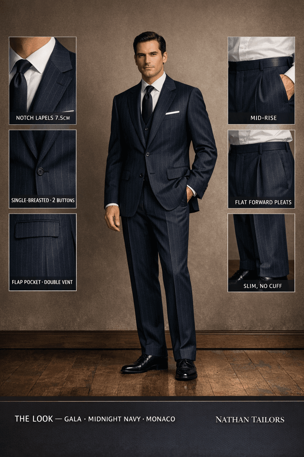 midnight navy single-breasted suit — Nathan Tailors Hoi An tailor Atelier render