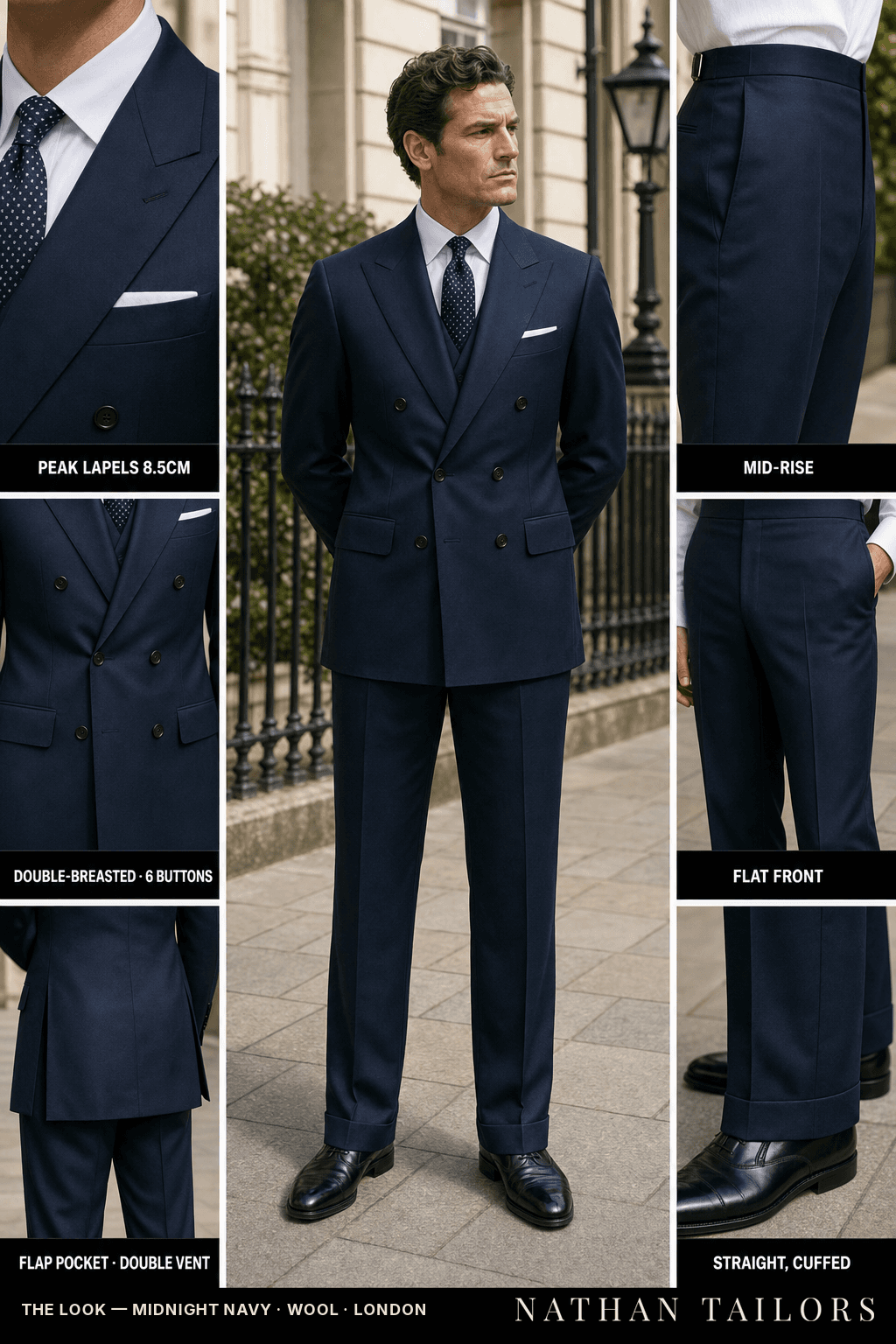 midnight navy double-breasted bespoke suit — custom tailored by Nathan Tailors, the Hoi An custom tailor