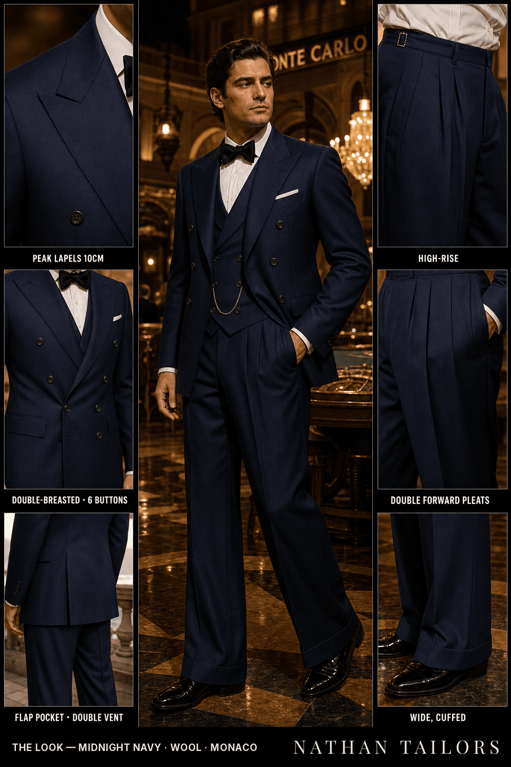 midnight navy double-breasted bespoke suit — custom tailored by Nathan Tailors, the Hoi An custom tailor