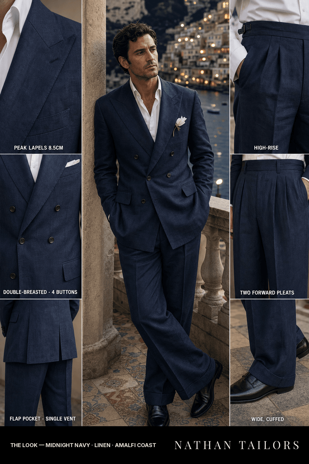 midnight navy double-breasted bespoke suit — custom tailored by Nathan Tailors, the Hoi An custom tailor