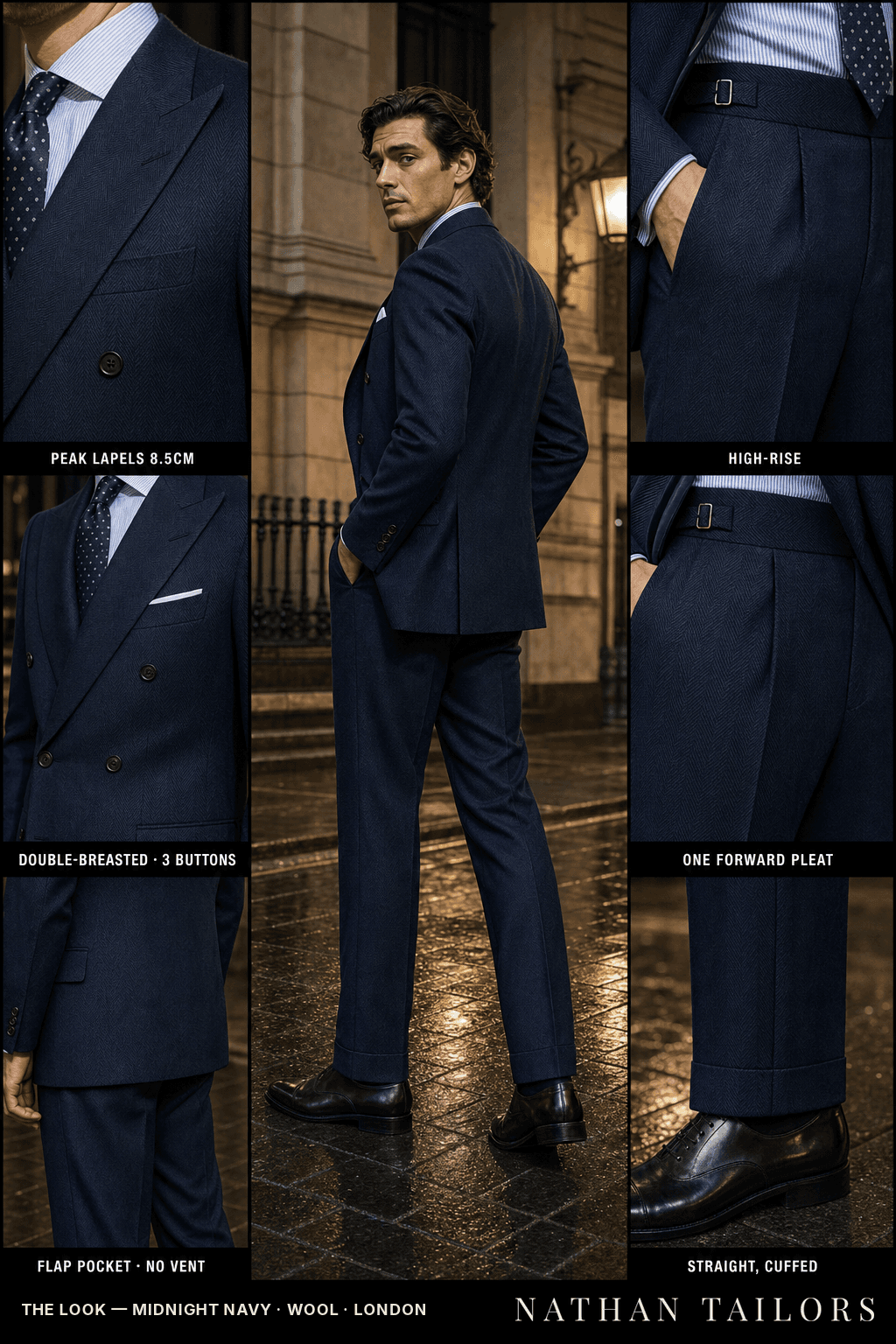 midnight navy herringbone double-breasted bespoke suit — custom tailored by Nathan Tailors, the Hoi An custom tailor