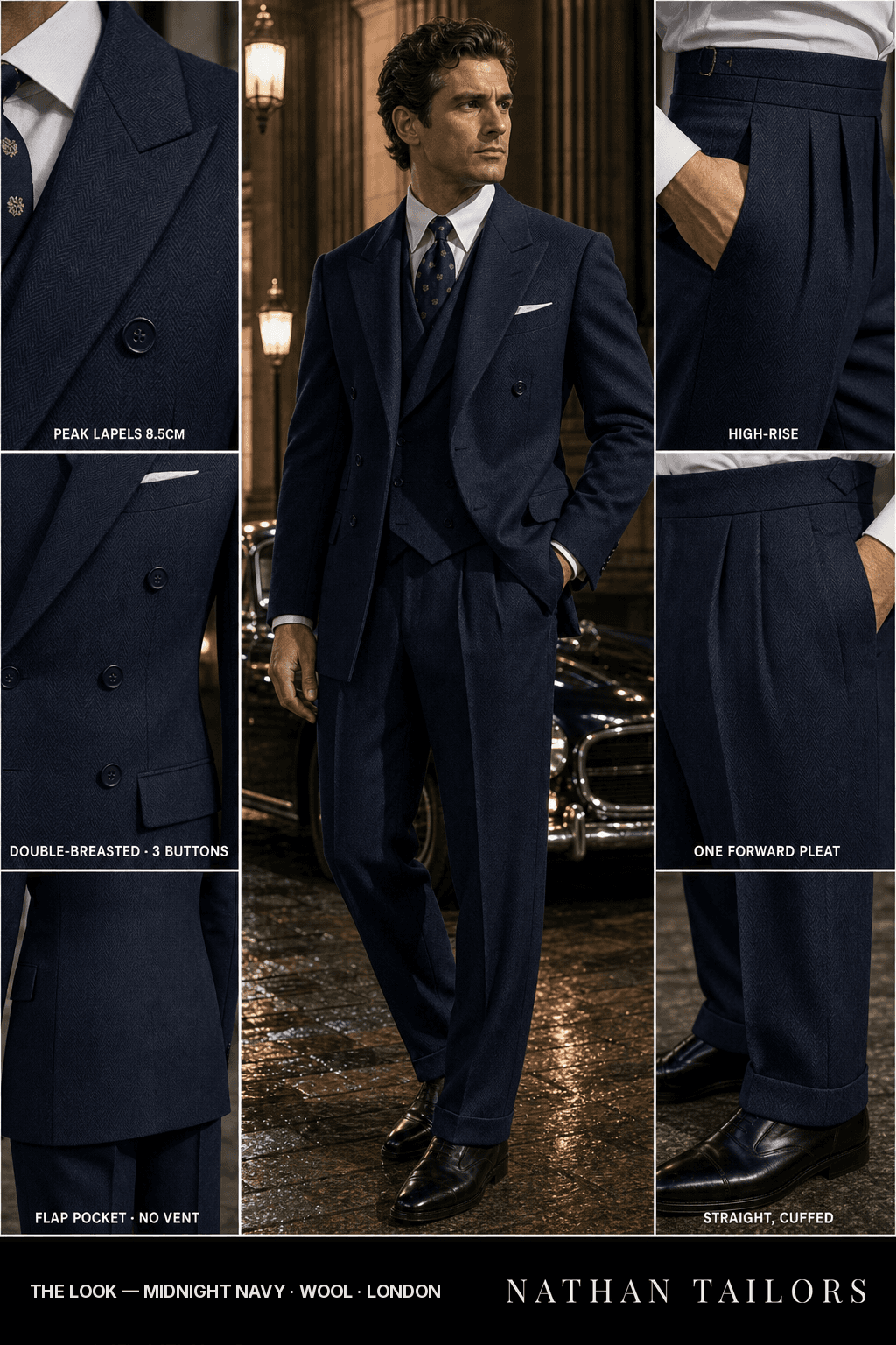 midnight navy herringbone double-breasted bespoke suit — custom tailored by Nathan Tailors, the Hoi An custom tailor
