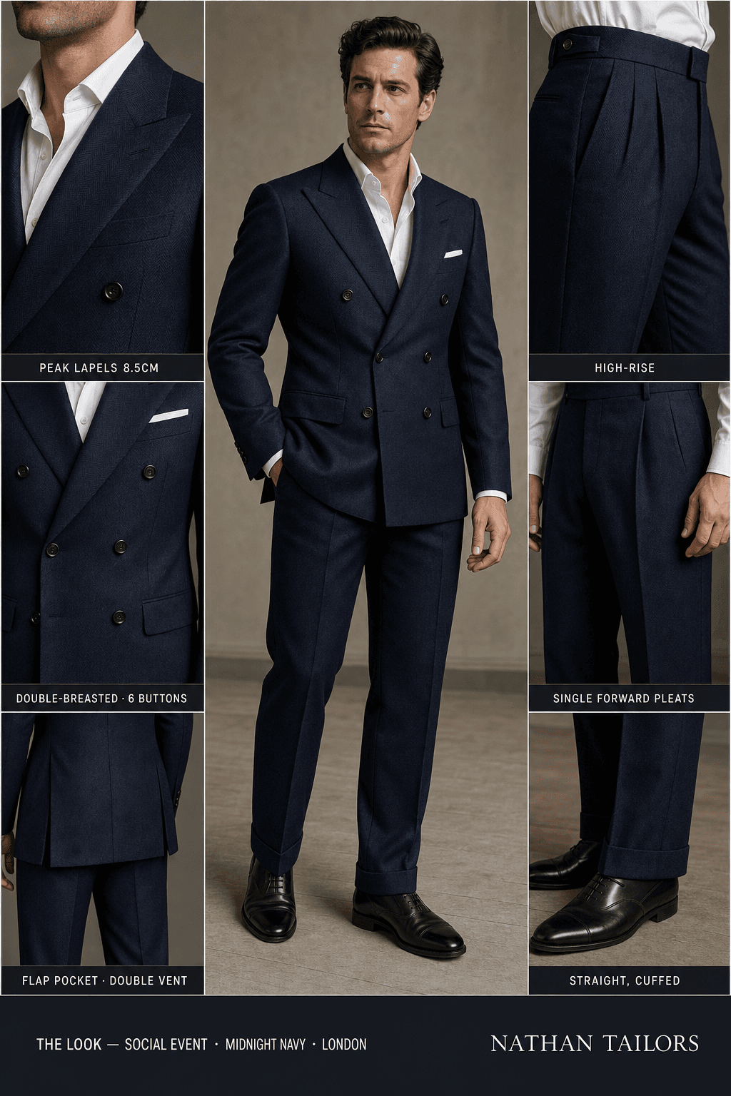 midnight navy herringbone double-breasted bespoke suit — custom tailored by Nathan Tailors, the Hoi An custom tailor