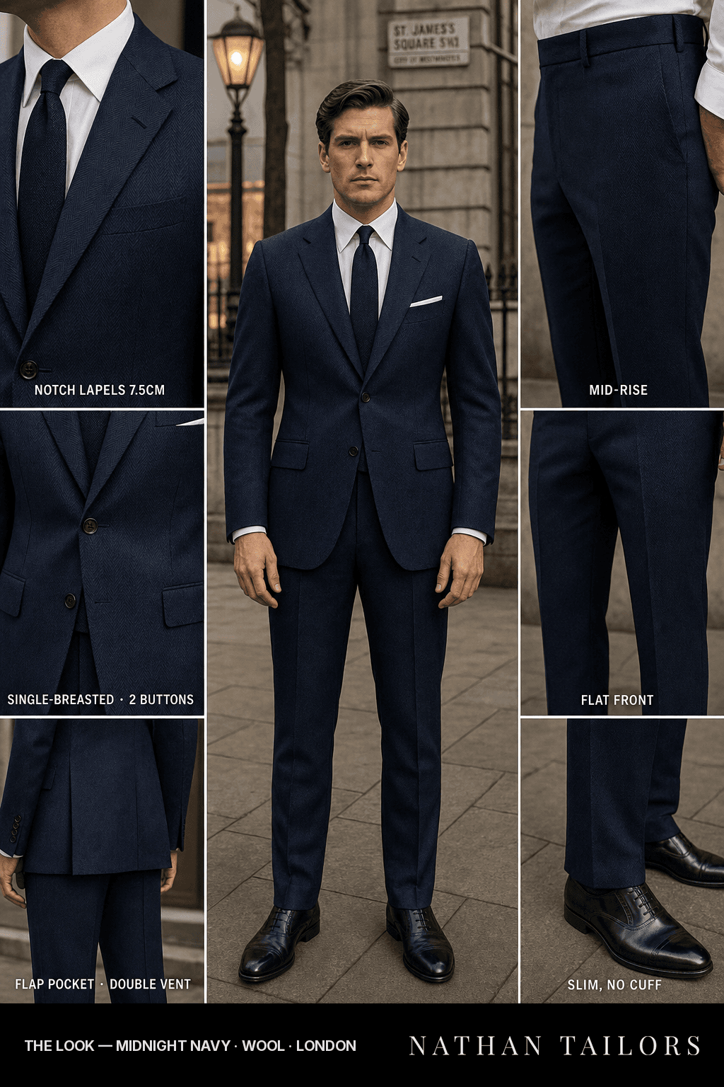 midnight navy herringbone single-breasted bespoke suit — custom tailored by Nathan Tailors, the Hoi An custom tailor