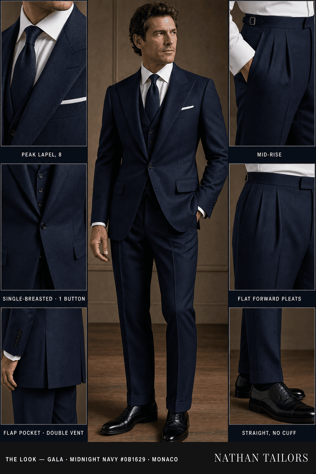 Midnight Navy #0B1629 herringbone single-breasted bespoke suit — custom tailored by Nathan Tailors, the Hoi An custom tailor