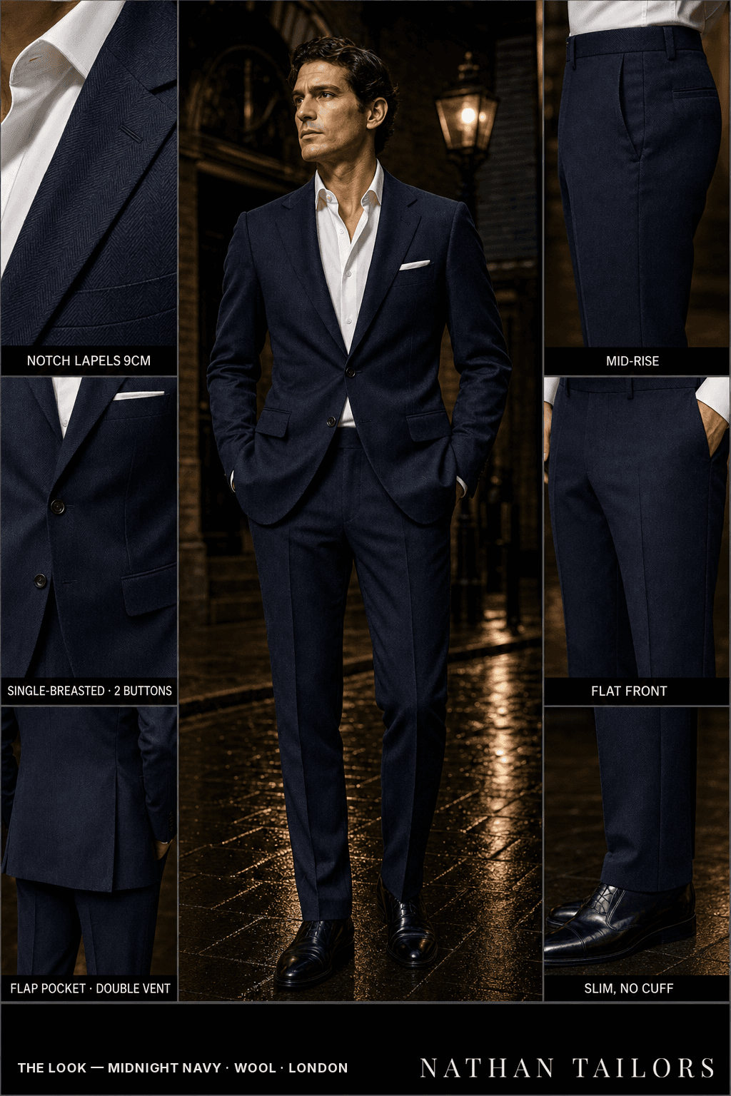 midnight navy herringbone single-breasted bespoke suit — custom tailored by Nathan Tailors, the Hoi An custom tailor
