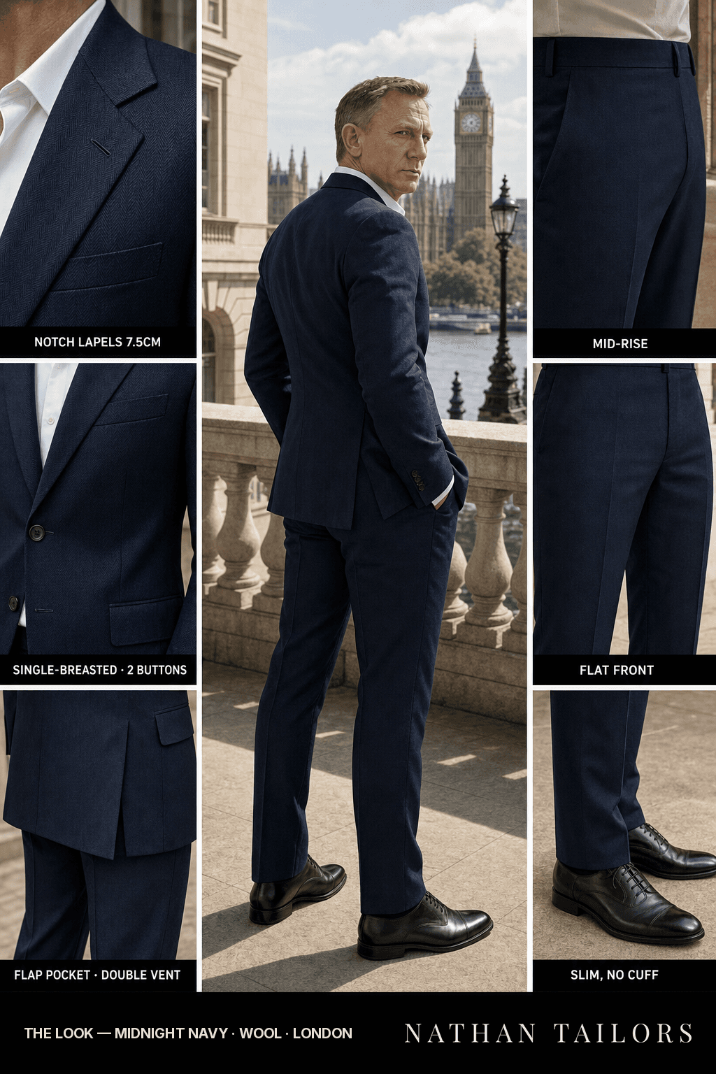 midnight navy herringbone single-breasted bespoke suit — custom tailored by Nathan Tailors, the Hoi An custom tailor