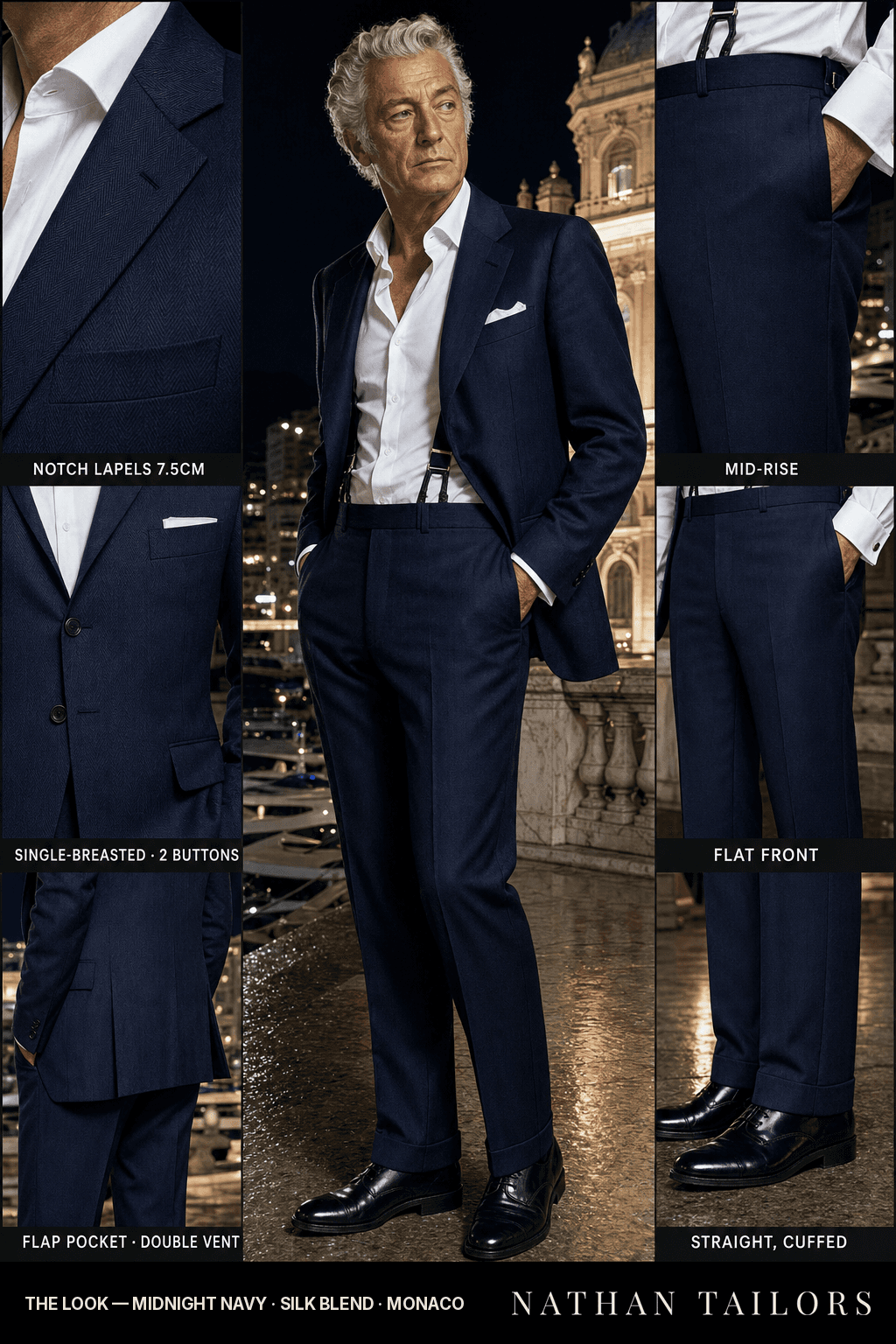 midnight navy herringbone single-breasted bespoke suit — custom tailored by Nathan Tailors, the Hoi An custom tailor