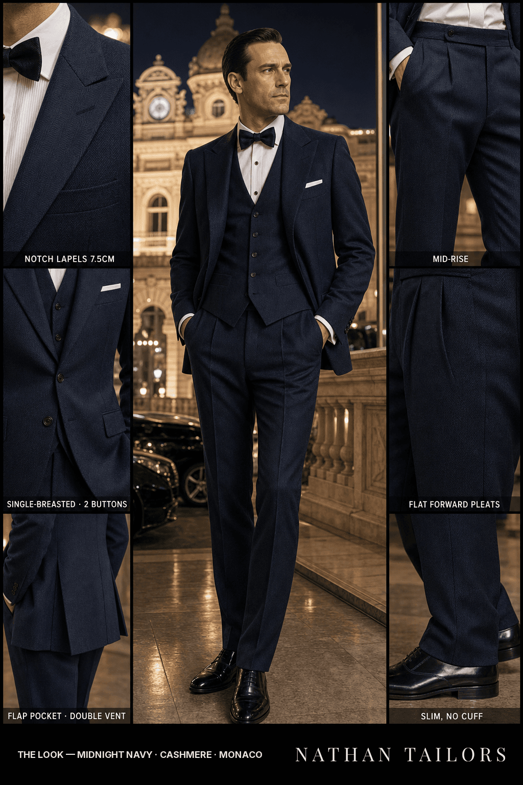 midnight navy herringbone single-breasted bespoke suit — custom tailored by Nathan Tailors, the Hoi An custom tailor