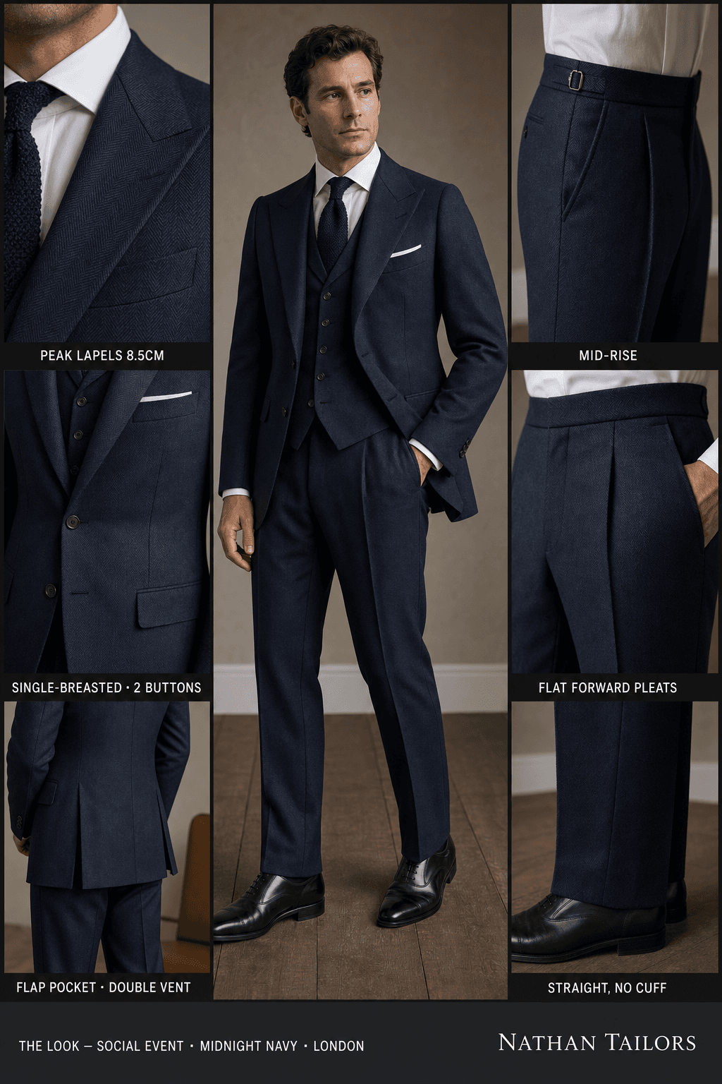 midnight navy herringbone single-breasted bespoke suit — custom tailored by Nathan Tailors, the Hoi An custom tailor