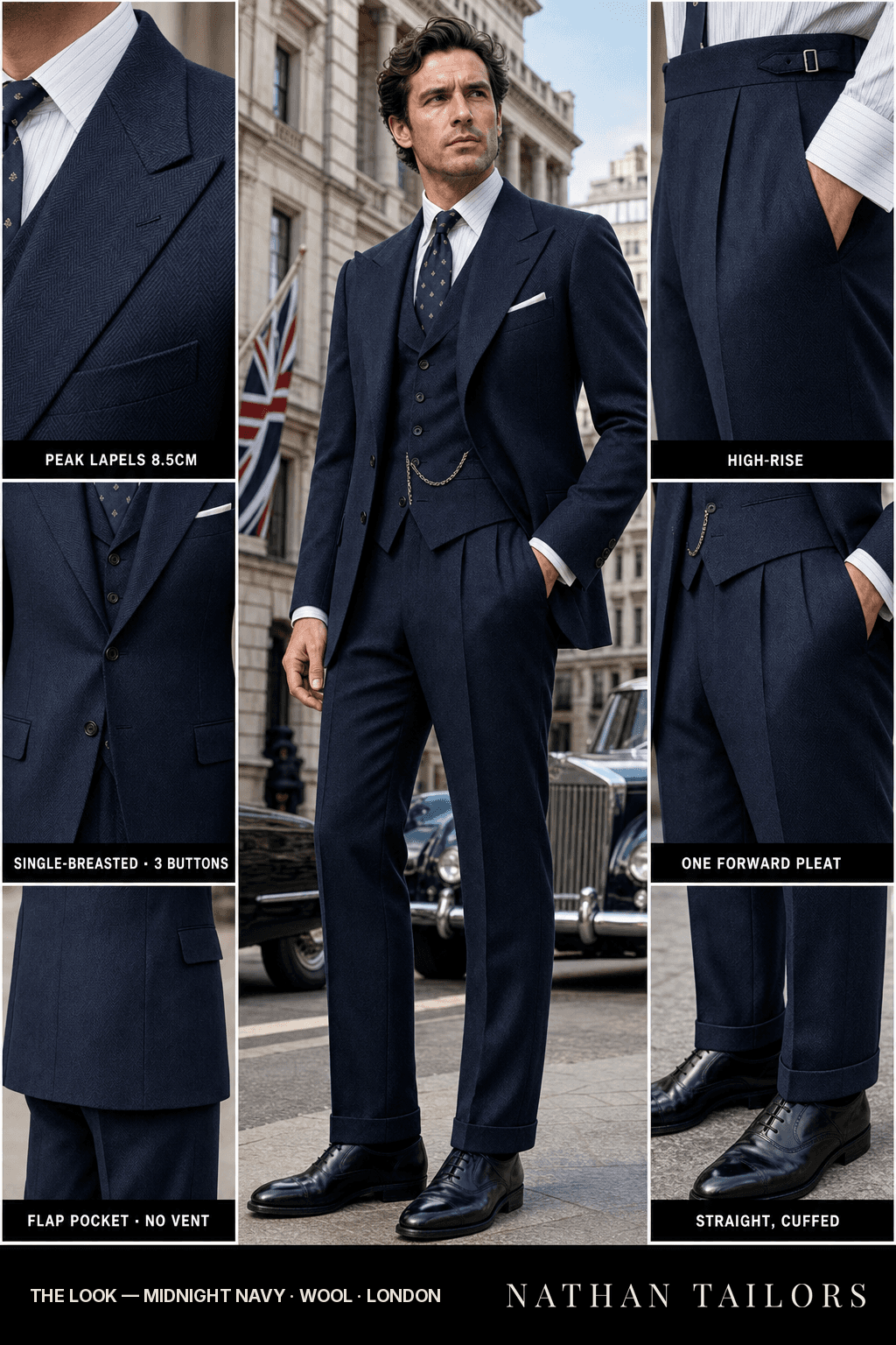 midnight navy herringbone single-breasted peak-lapel bespoke suit — AI-rendered by Nathan Tailors, the Hoi An custom tailor. Available as a custom tailored suit from $149.