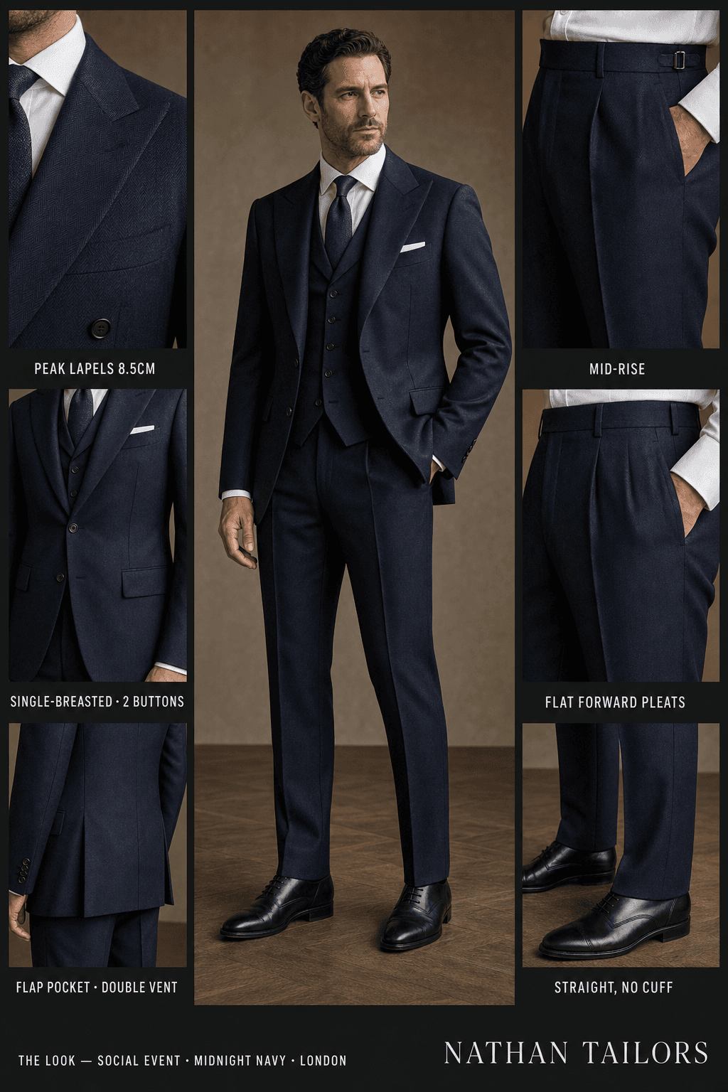 midnight navy herringbone single-breasted bespoke suit — custom tailored by Nathan Tailors, the Hoi An custom tailor