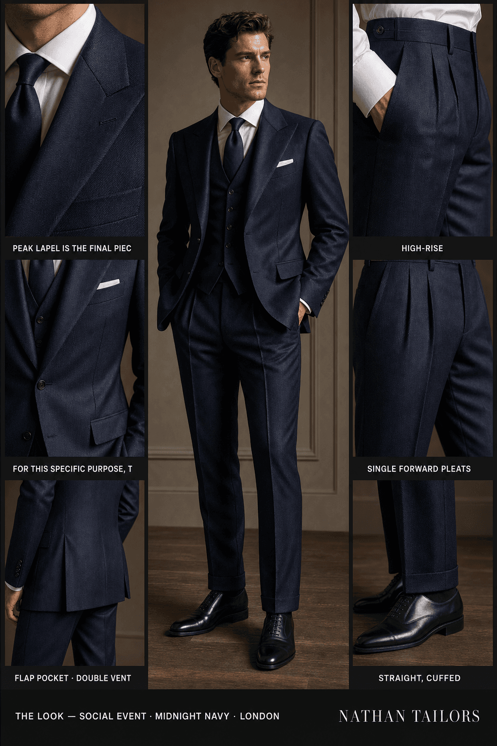midnight navy herringbone single-breasted bespoke suit — custom tailored by Nathan Tailors, the Hoi An custom tailor