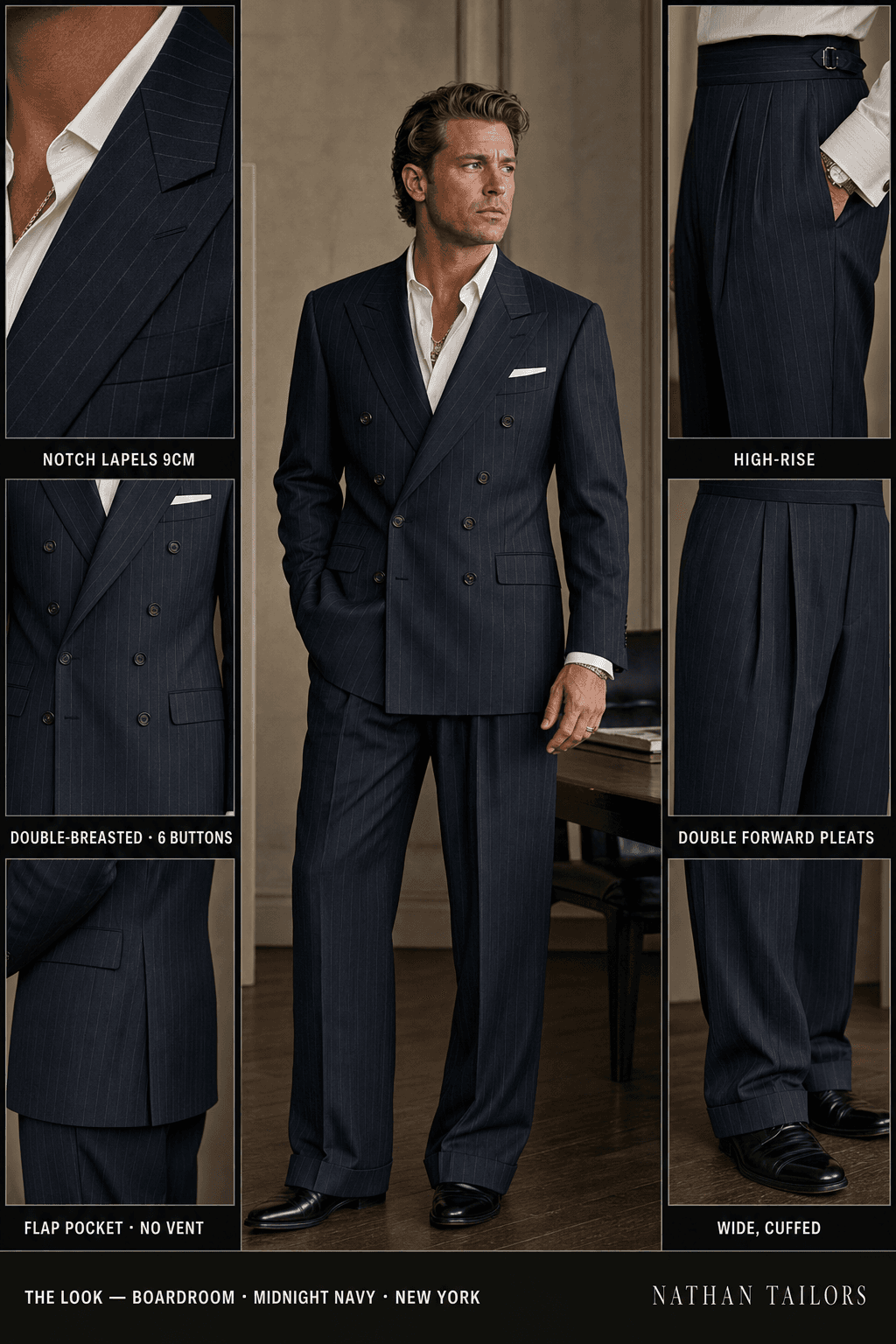 midnight navy pinstripe double-breasted notch-lapel bespoke suit — AI-rendered by Nathan Tailors, the Hoi An custom tailor. Available as a custom tailored suit from $129.