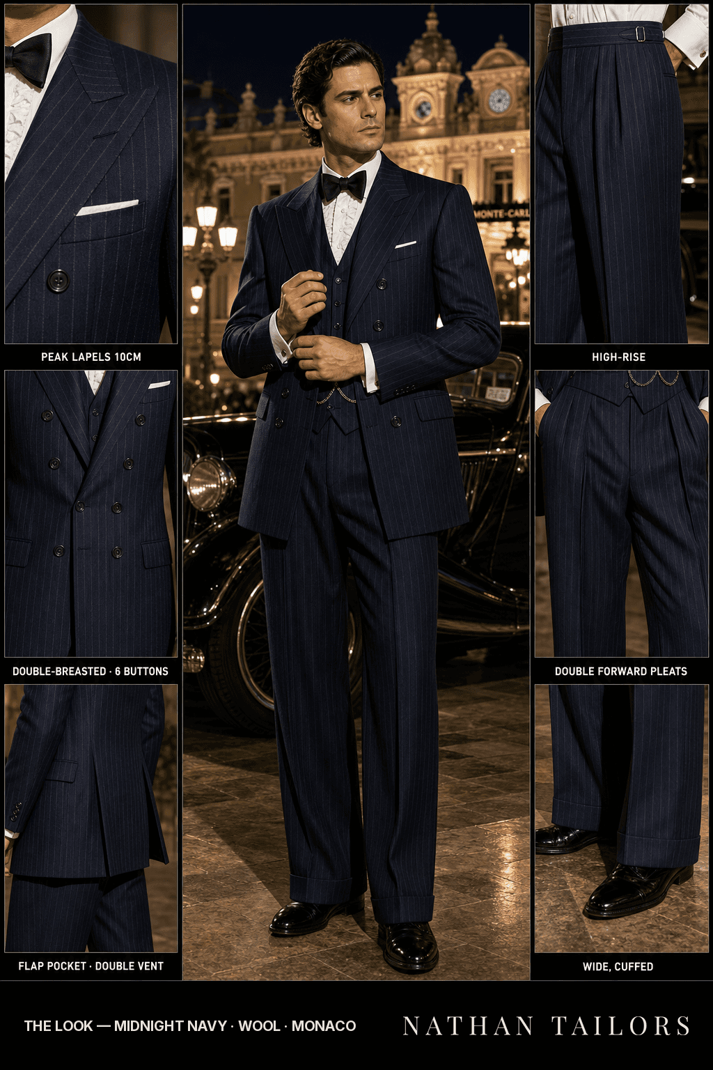 midnight navy pinstripe double-breasted bespoke suit — custom tailored by Nathan Tailors, the Hoi An custom tailor