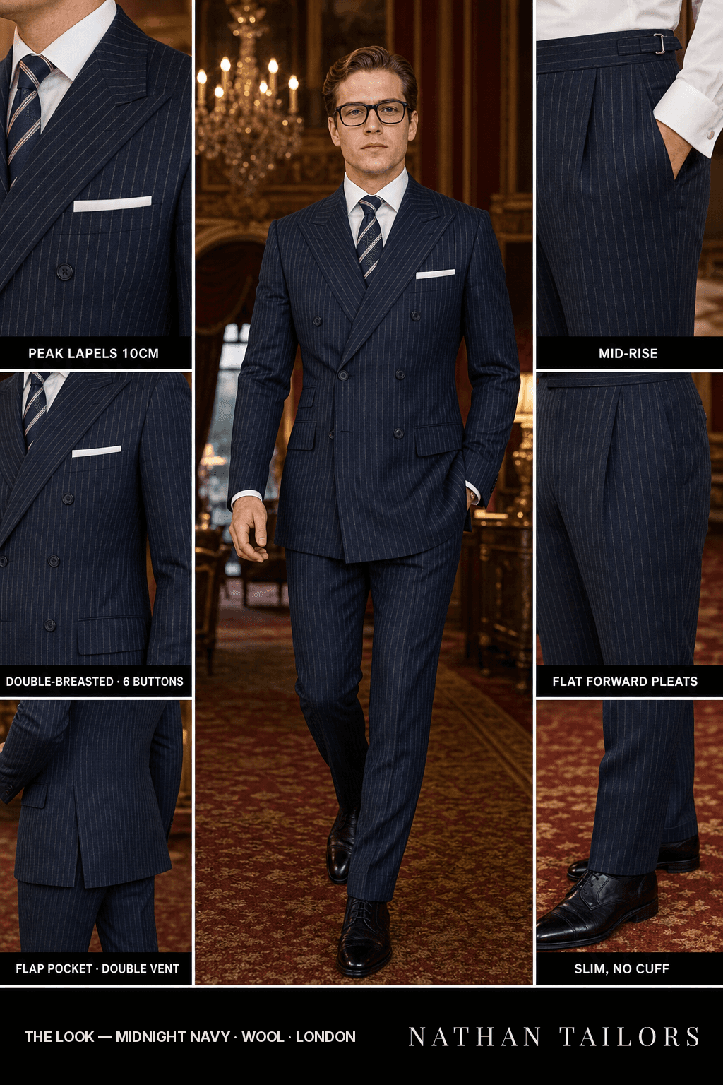 midnight navy pinstripe double-breasted bespoke suit — custom tailored by Nathan Tailors, the Hoi An custom tailor