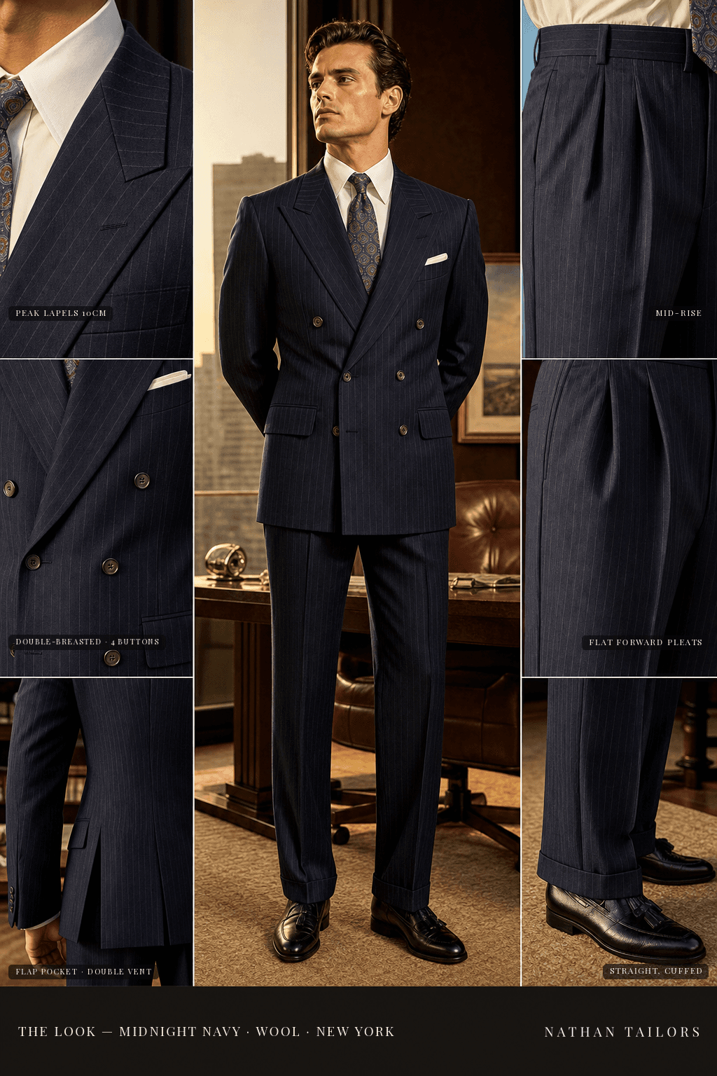 midnight navy pinstripe double-breasted peak-lapel bespoke suit — AI-rendered by Nathan Tailors, the Hoi An custom tailor. Available as a custom tailored suit from $149.