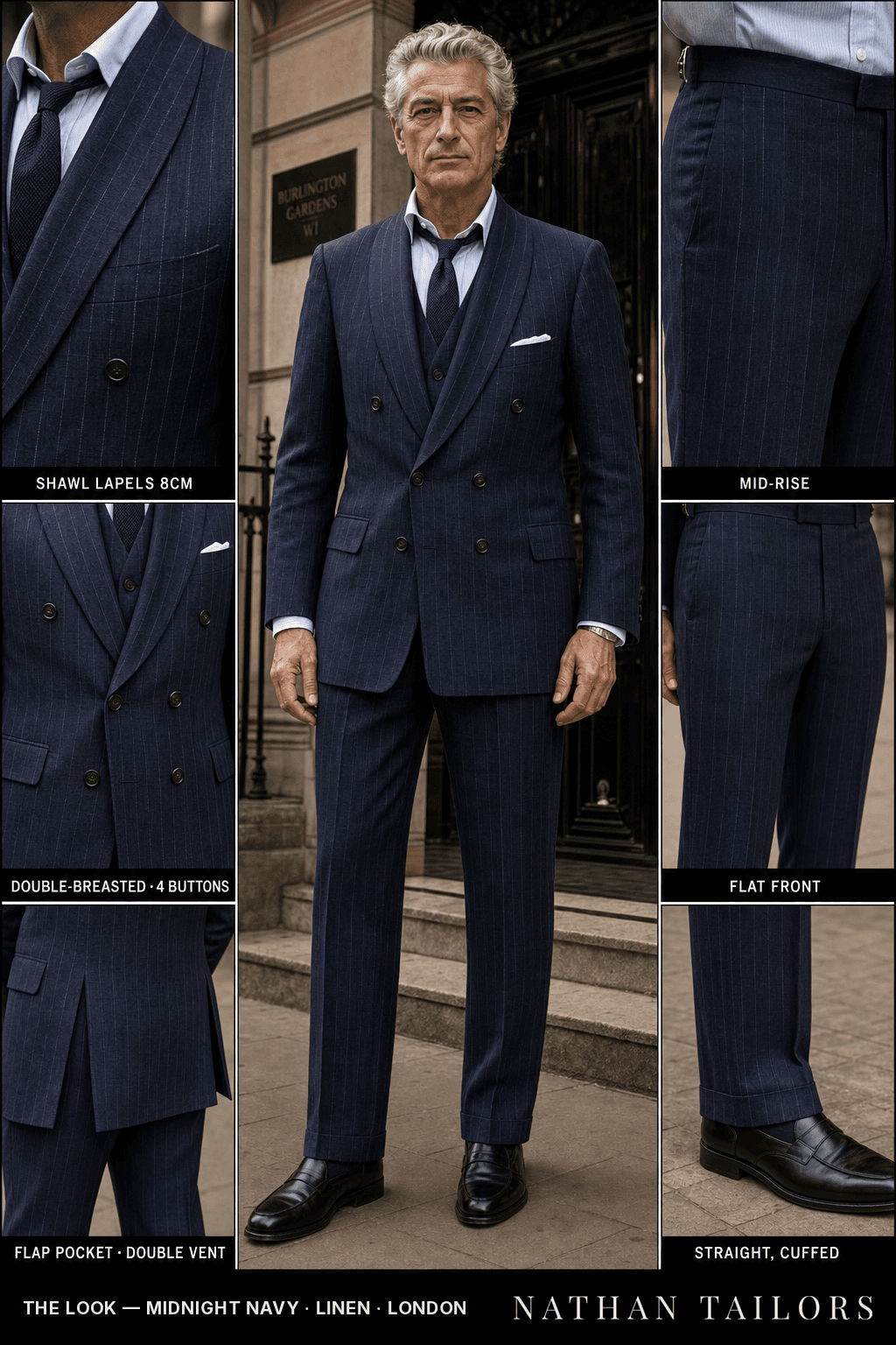 midnight navy pinstripe double-breasted bespoke suit — custom tailored by Nathan Tailors, the Hoi An custom tailor