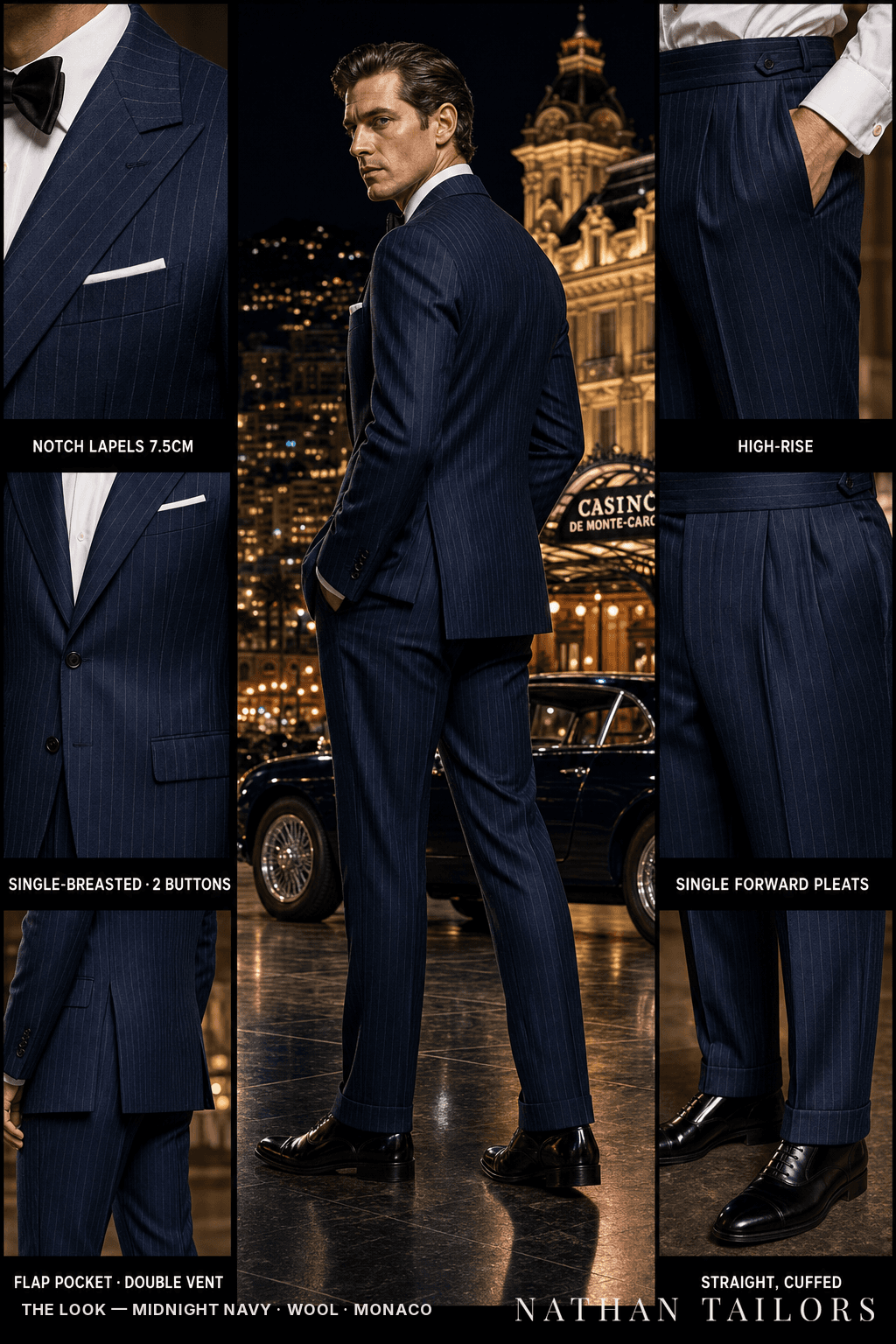 midnight navy pinstripe single-breasted bespoke suit — custom tailored by Nathan Tailors, the Hoi An custom tailor