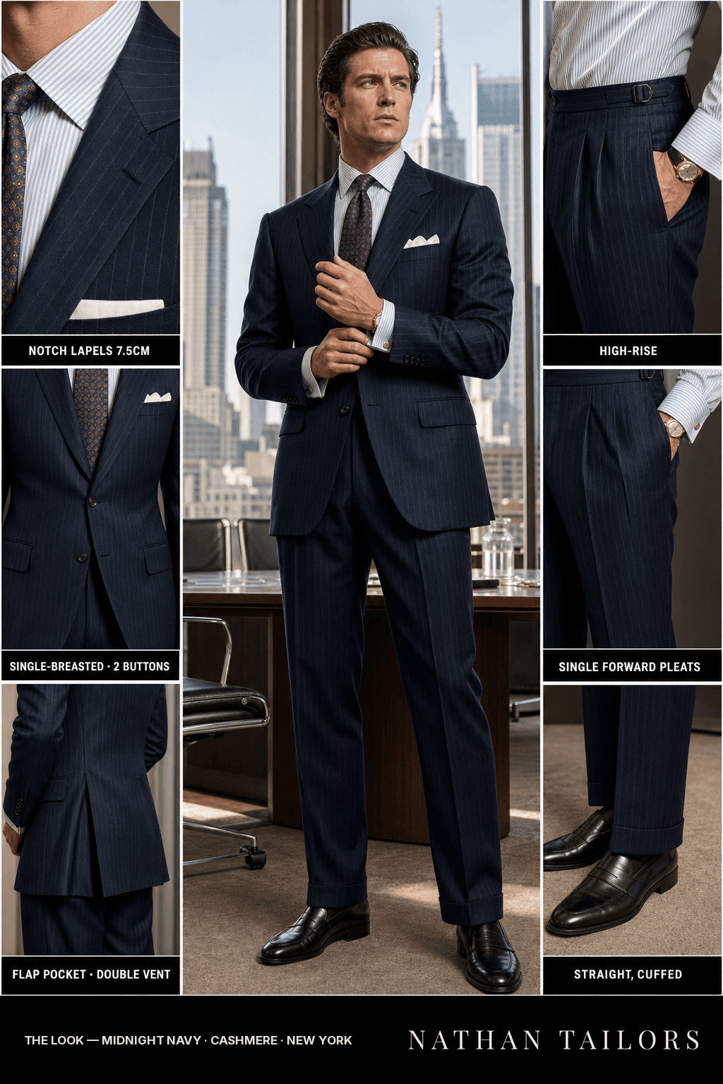 midnight navy pinstripe single-breasted bespoke suit — custom tailored by Nathan Tailors, the Hoi An custom tailor