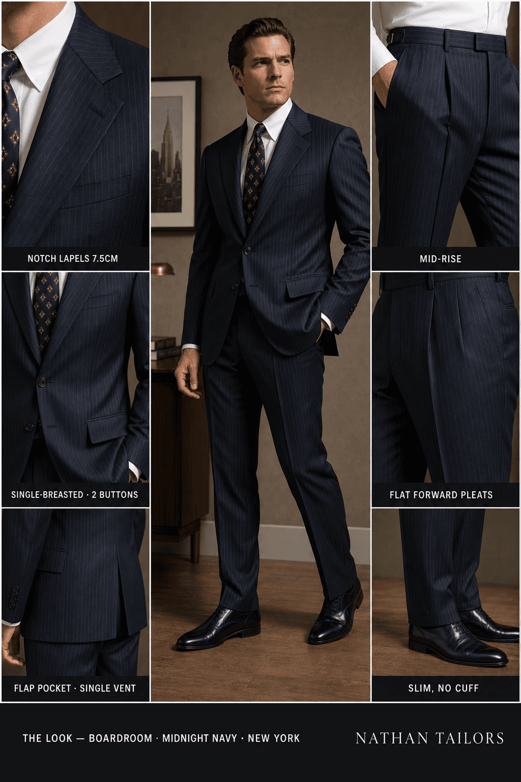 midnight navy pinstripe single-breasted bespoke suit — custom tailored by Nathan Tailors, the Hoi An custom tailor