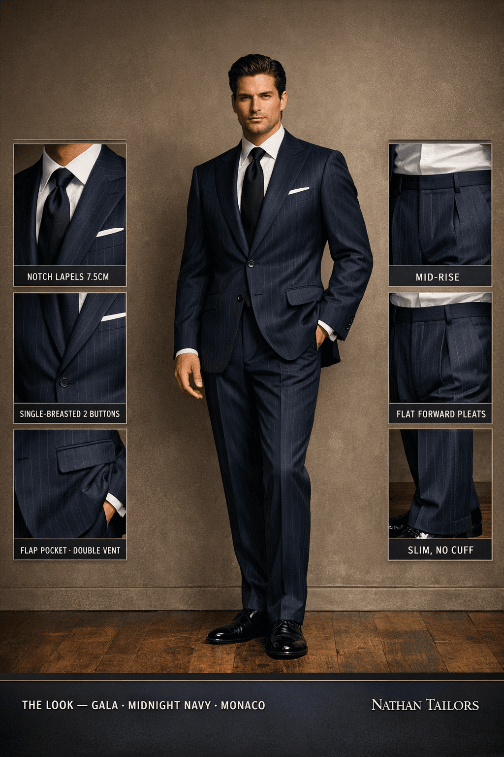 midnight navy pinstripe single-breasted notch-lapel bespoke suit — AI-rendered by Nathan Tailors, the Hoi An custom tailor. Available as a custom tailored suit from $129.