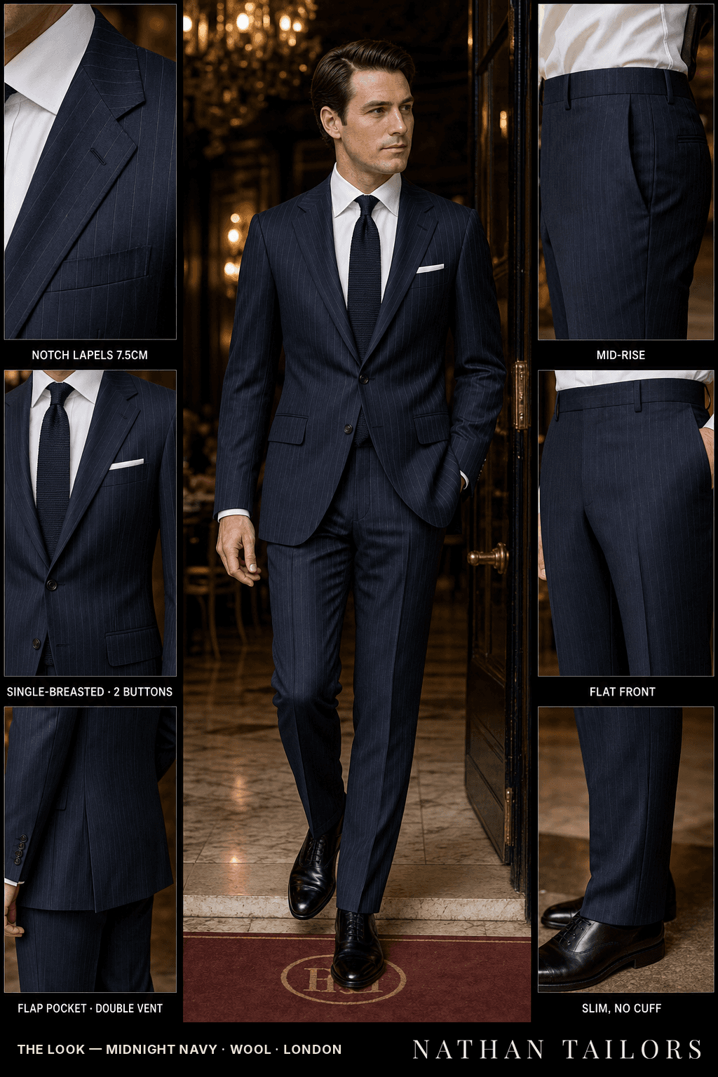 midnight navy pinstripe single-breasted bespoke suit — custom tailored by Nathan Tailors, the Hoi An custom tailor